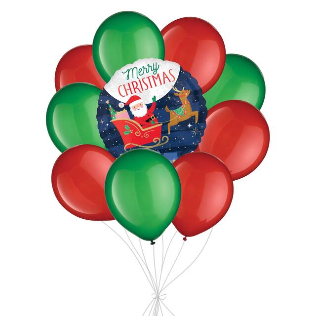 “Merry Christmas” Starry Night Balloon Bouquet with Latex Balloons, Red/Festival Green, 10-pk, Helium Inflation & Ribbon Included for Christmas Front_Flat