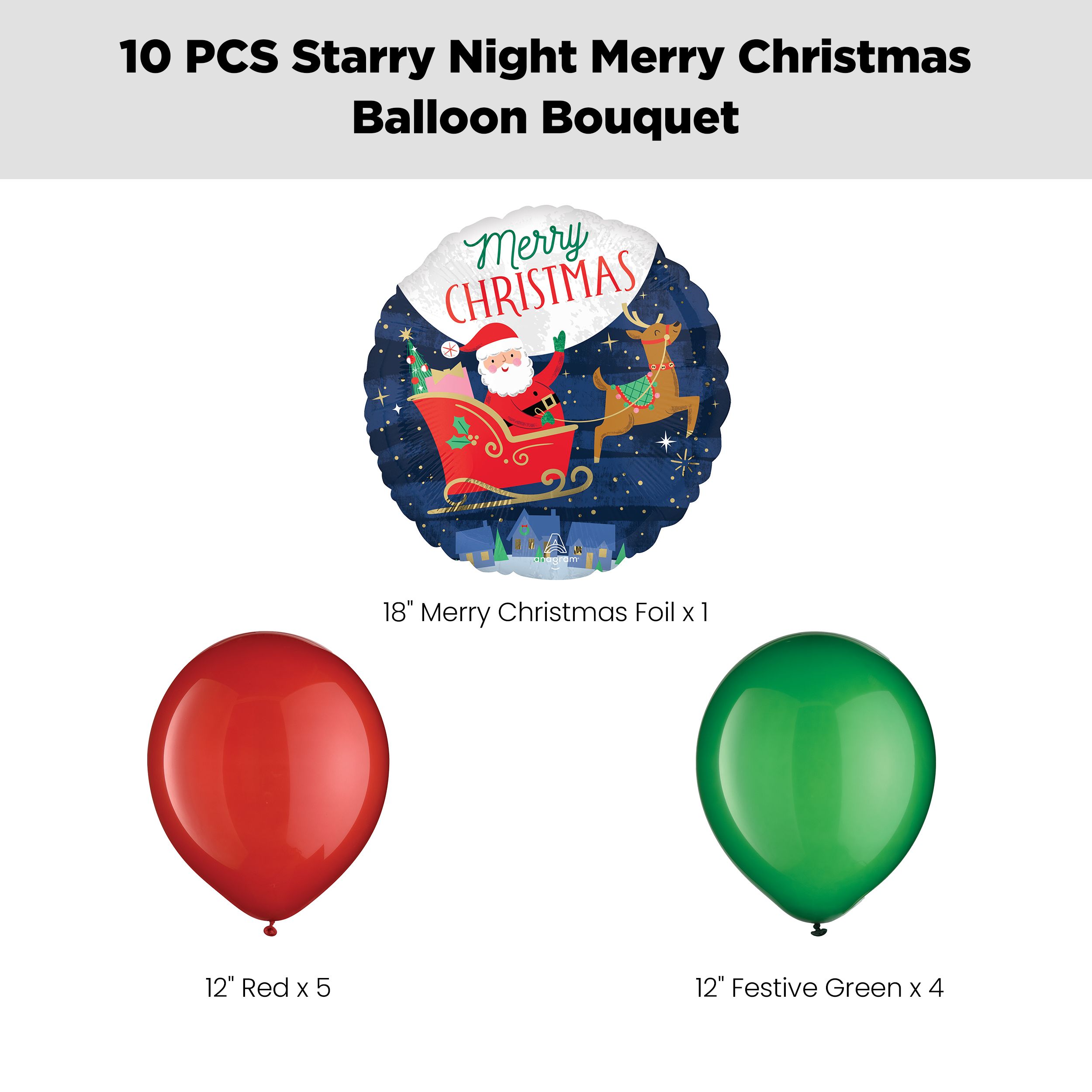 “Merry Christmas” Starry Night Balloon Bouquet with Latex Balloons, Red/Festival Green, 10-pk, Helium Inflation & Ribbon Included for Christmas Front_Flat