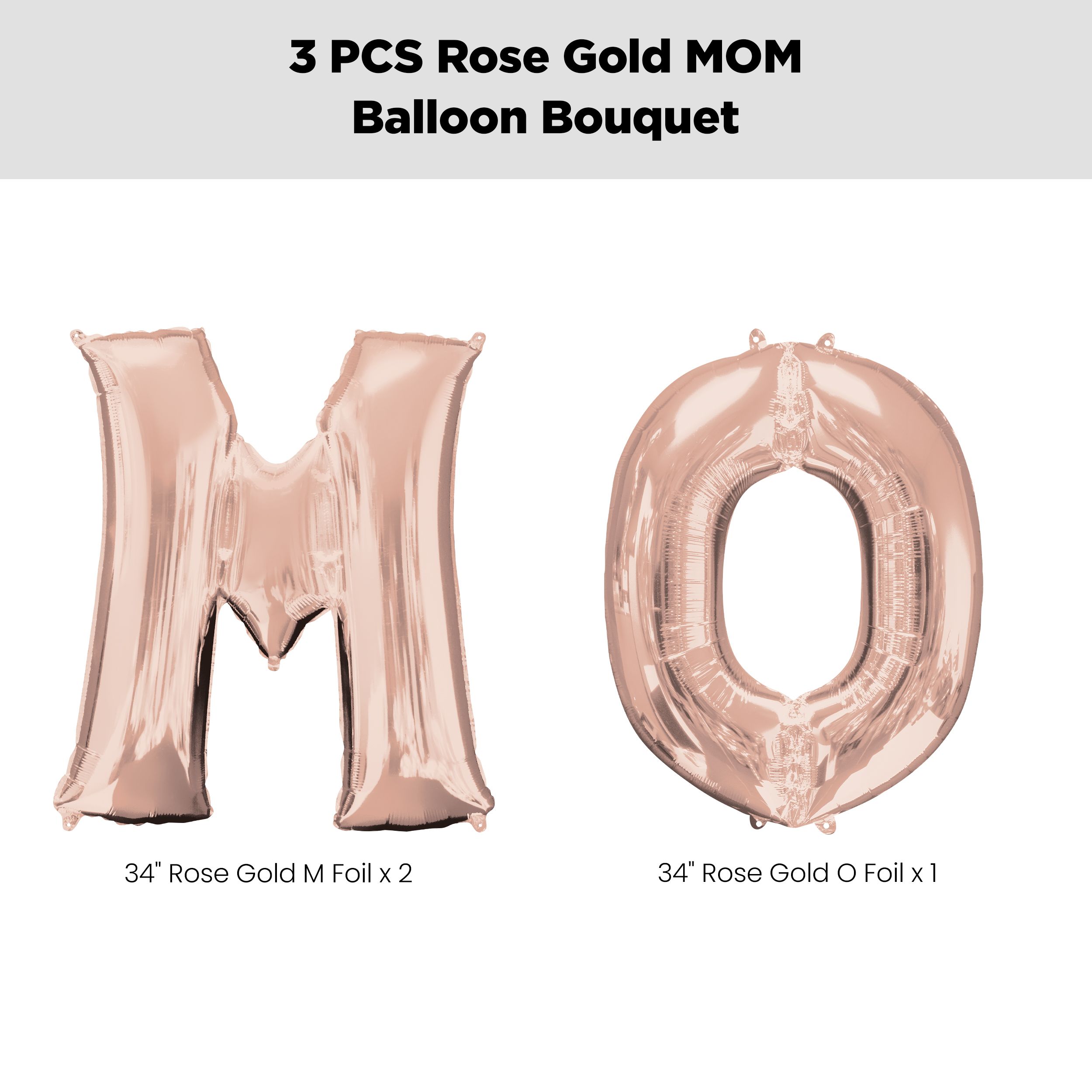 “MOM” Foil Letter Balloon Bouquet, Rose Gold, 3-pk, Helium Inflation & Ribbon Included for Mother’s Day Front_Flat