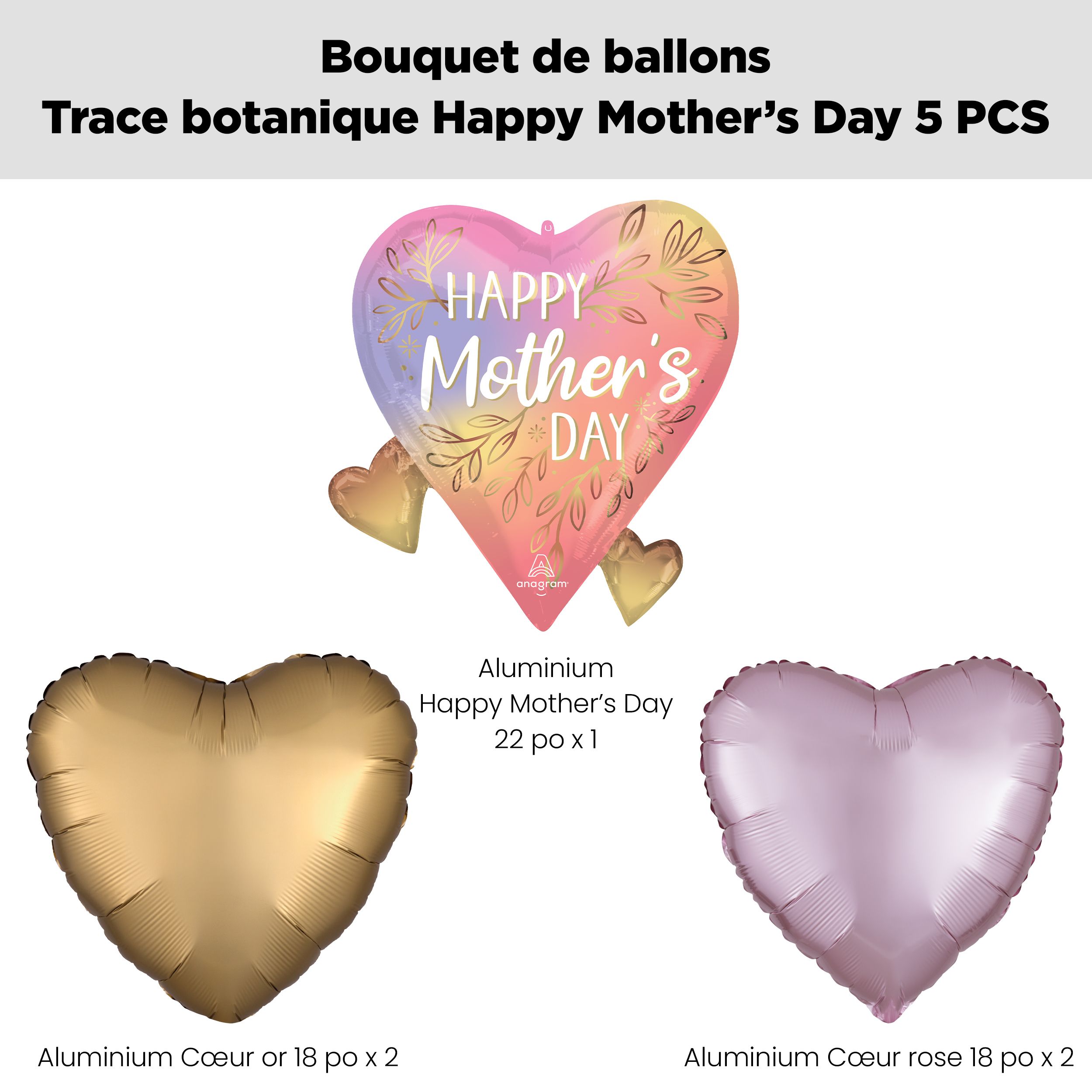 Bouquet de ballons en forme super en forme de cœur à motif floral «&nbsp;Happy Mother’s Day&nbsp;» avec ballons en aluminium en forme de cœur dorés et roses, paq. 5, gonflage à l’hélium et ruban inclus Front_Flat