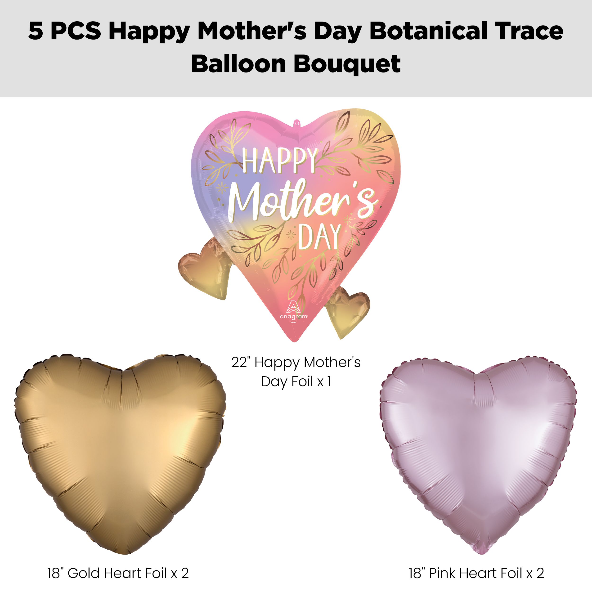 “Happy Mother’s Day” Botanical Trace Heart Supershape Balloon Bouquet with Heart Foil Balloons, Gold/Pink, 5-pk, Helium Inflation & Ribbon Included Front_Flat
