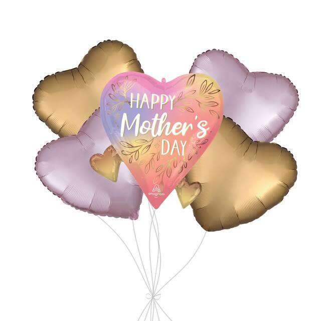 “Happy Mother’s Day” Botanical Trace Heart Supershape Balloon Bouquet with Heart Foil Balloons, Gold/Pink, 5-pk, Helium Inflation & Ribbon Included Front_Flat