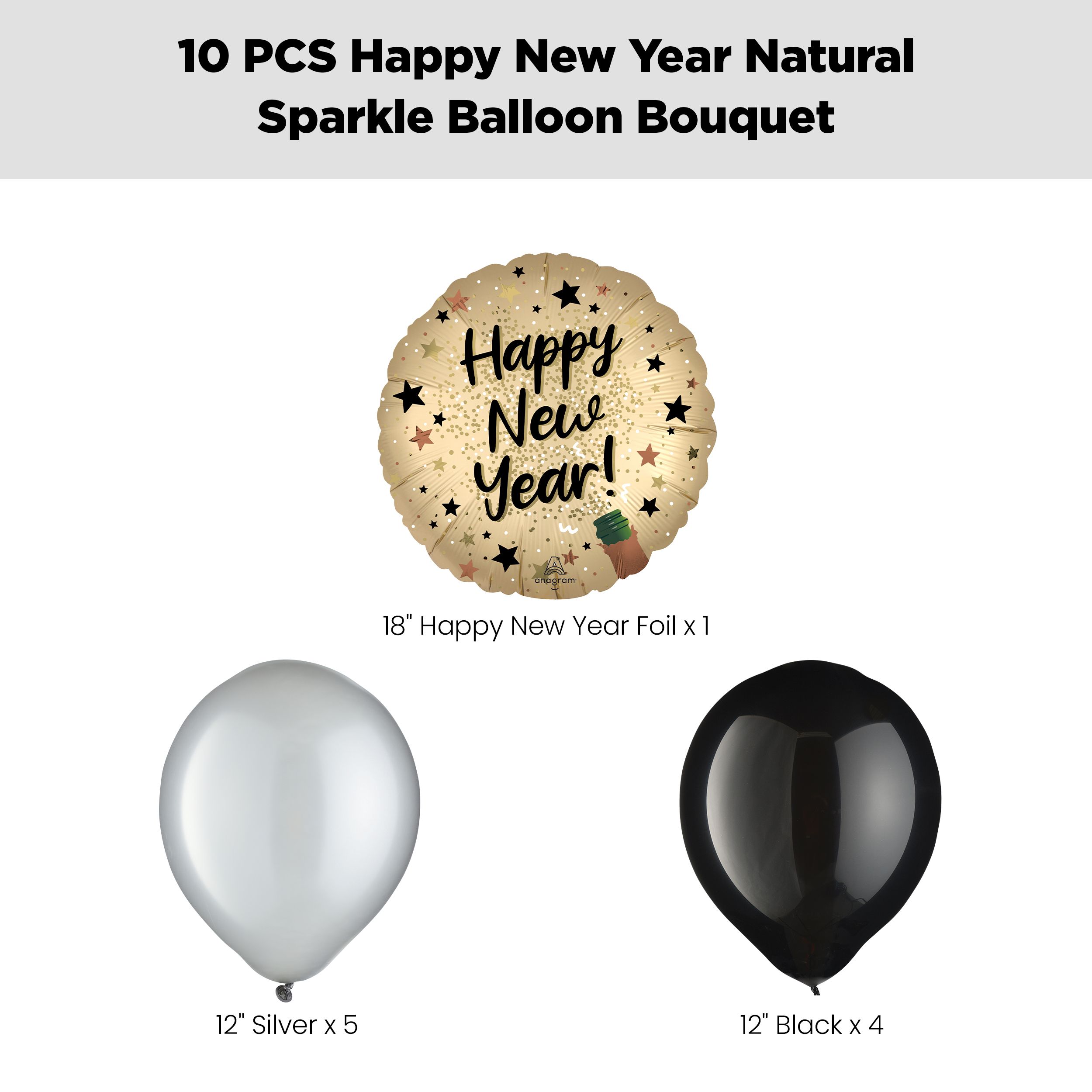 "Happy New Year!" Natural Sparkle Balloon Bouquet with Latex Balloons, Black/Silver, 10-pk, Helium Inflation & Ribbon Included Front_Flat