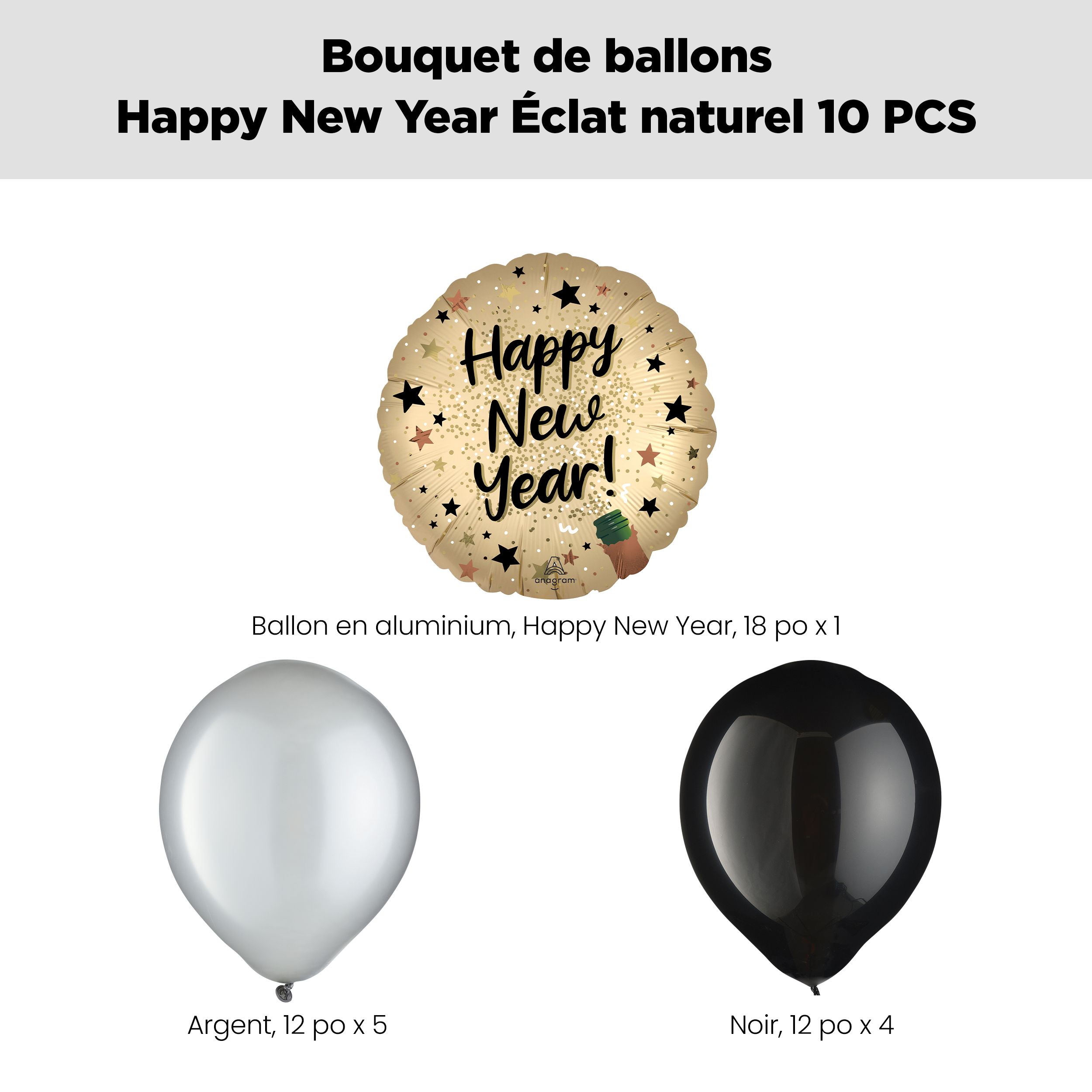 Happy New Year! Bouquet de ballons étoiles scintillantes avec ballons en latex noir/argenté, paq. 10, gonflage à l'hélium et ruban inclus Front_Flat