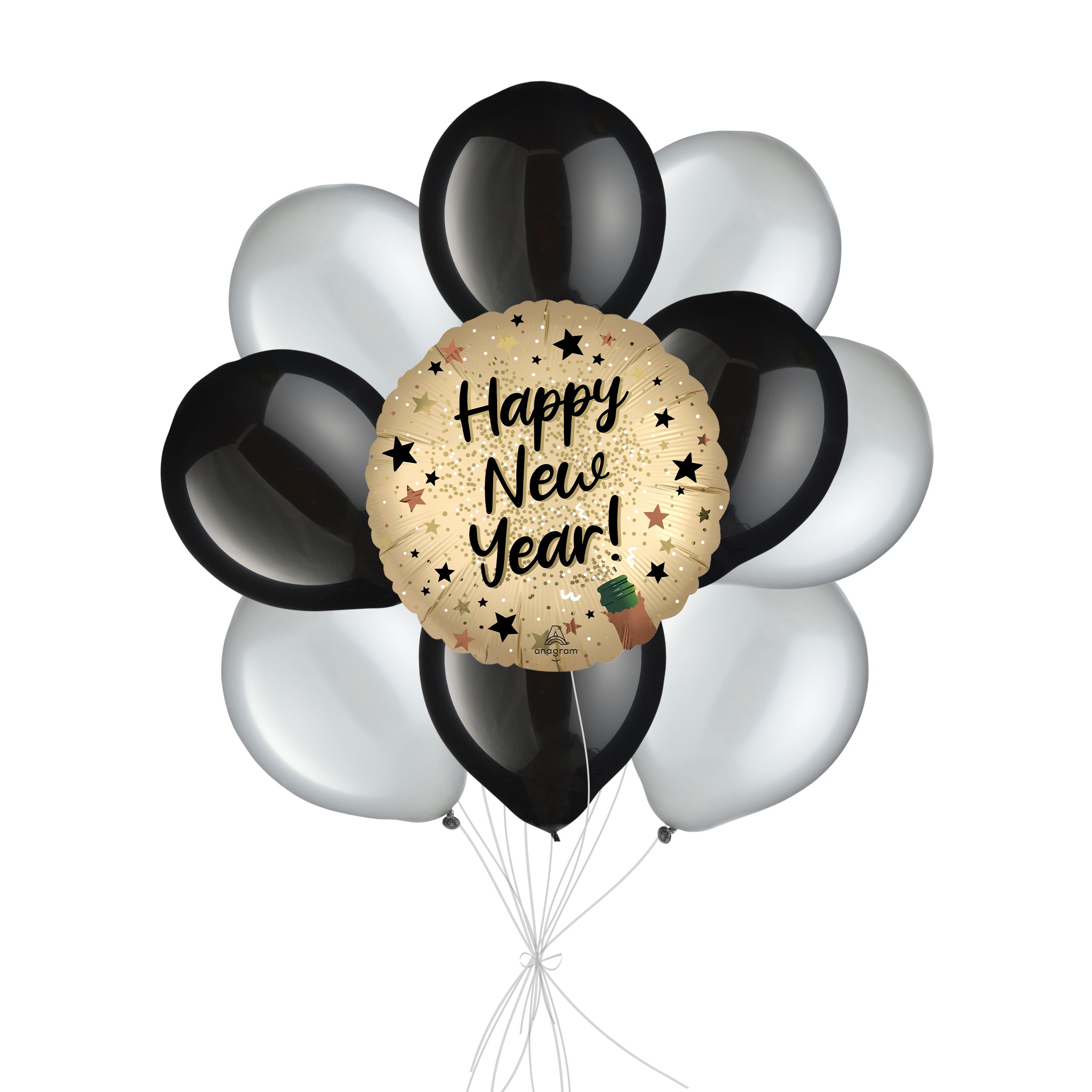 Happy New Year! Bouquet de ballons étoiles scintillantes avec ballons en latex noir/argenté, paq. 10, gonflage à l'hélium et ruban inclus Front_Flat
