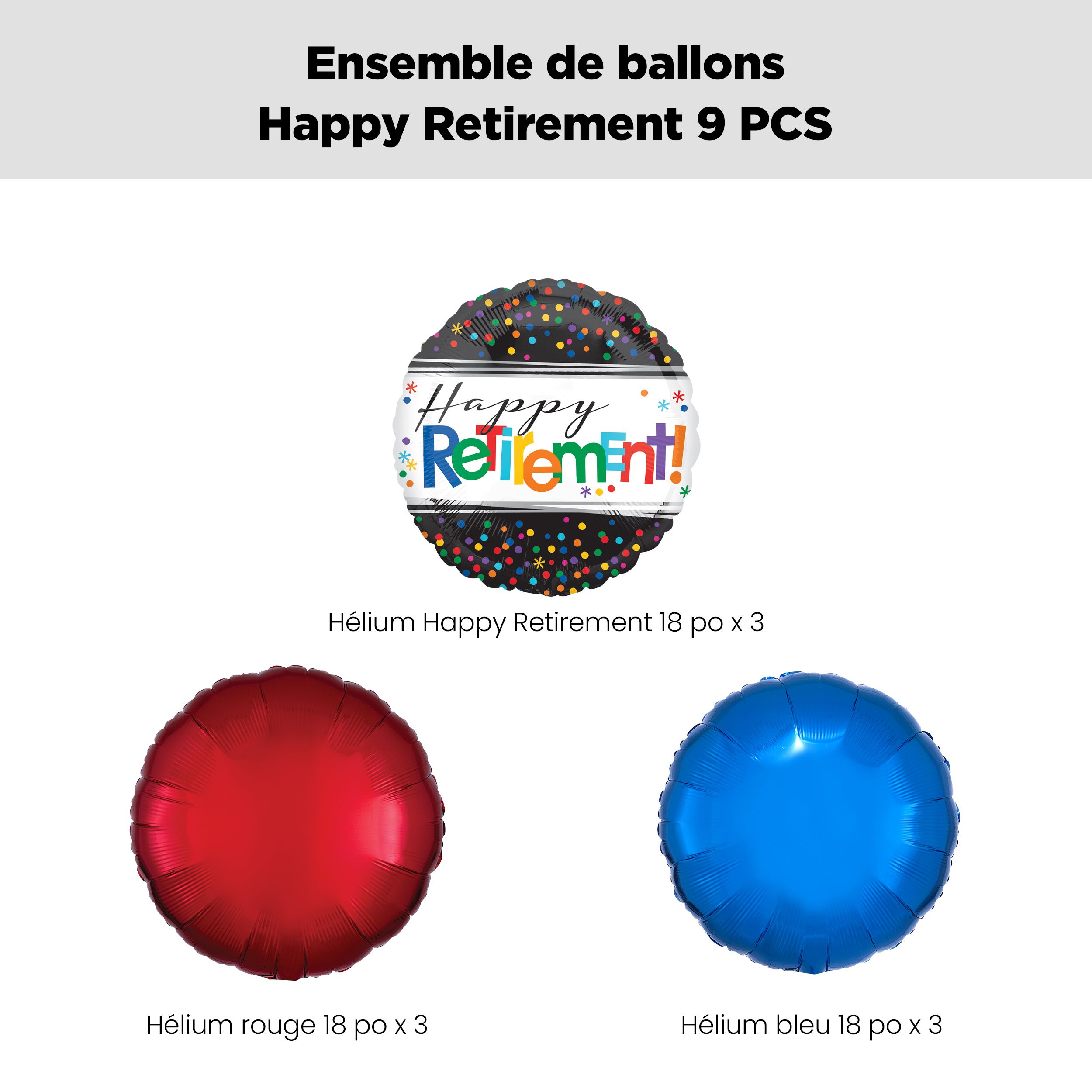 Bouquet de ballons standard de 18 po Happy Retirement avec ballons ronds métalliques rouges et bleus de 18 po, paq. 9 Front_Flat