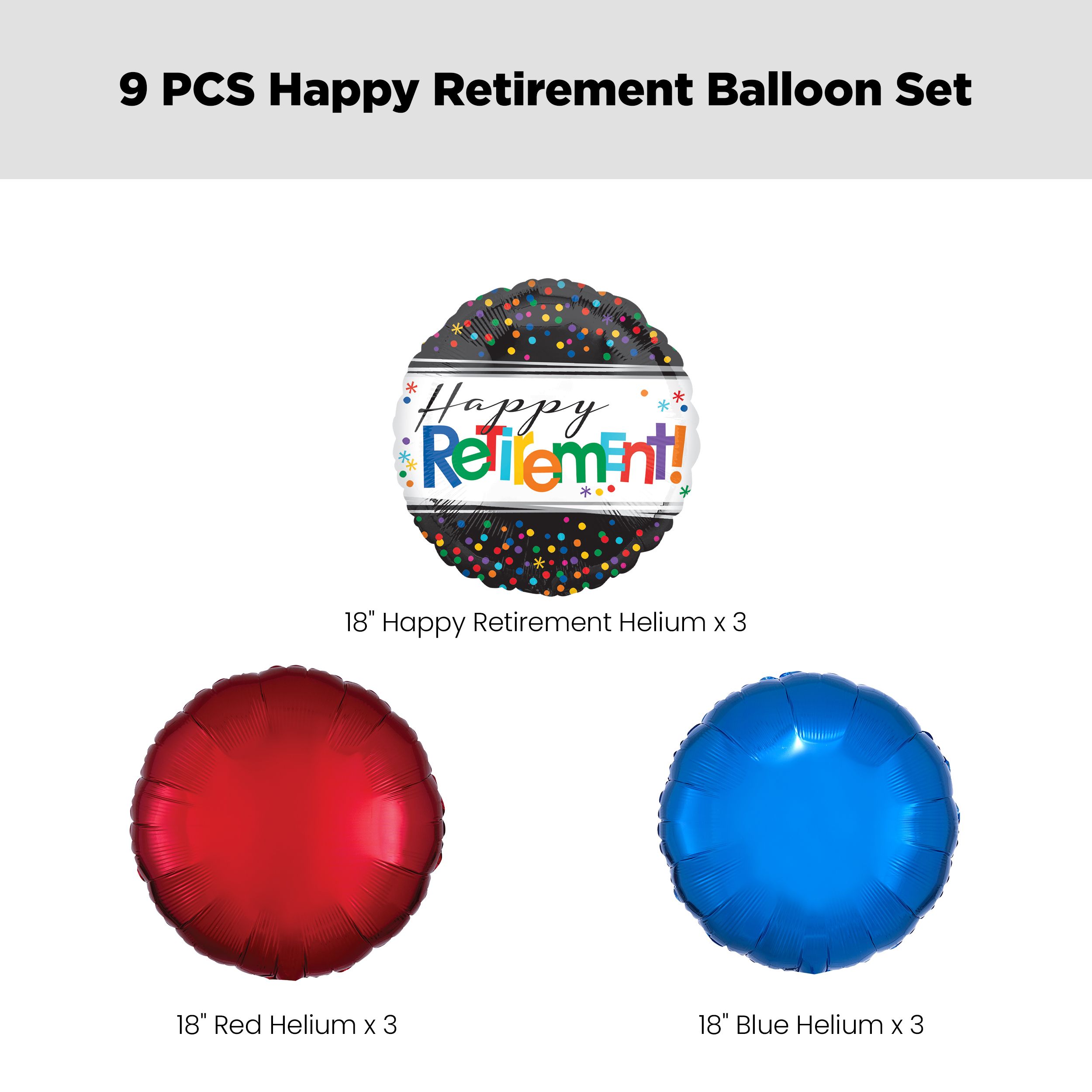 "Happy Retirement" Round Polka Dot Satin Foil Balloon Bouquet with Foil Balloons, Multi-Coloured, 9-pk, Helium Inflation & Ribbon Included Front_Flat