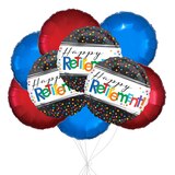 "Happy Retirement" Round Polka Dot Satin Foil Balloon Bouquet with Foil Balloons, Multi-Coloured, 9-pk, Helium Inflation & Ribbon Included Front_Flat