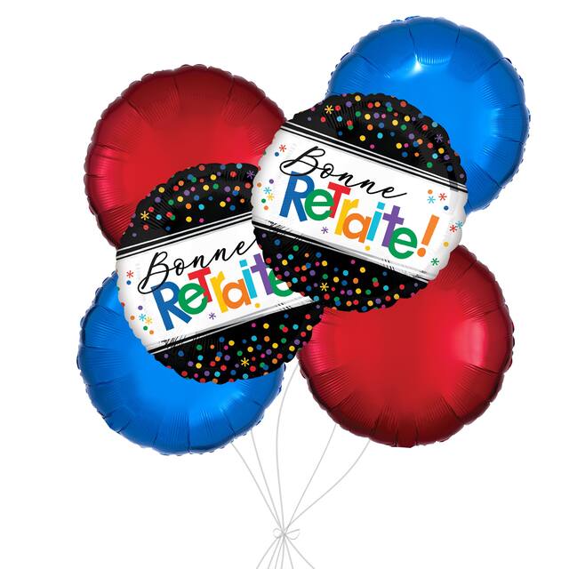 Bouquet de ballons métalliques satinés ronds Bonne retraite avec ballons métalliques, multicolore, paq. 6, gonflage à l’hélium et ruban inclus, pour départ à la retraite Front_Flat