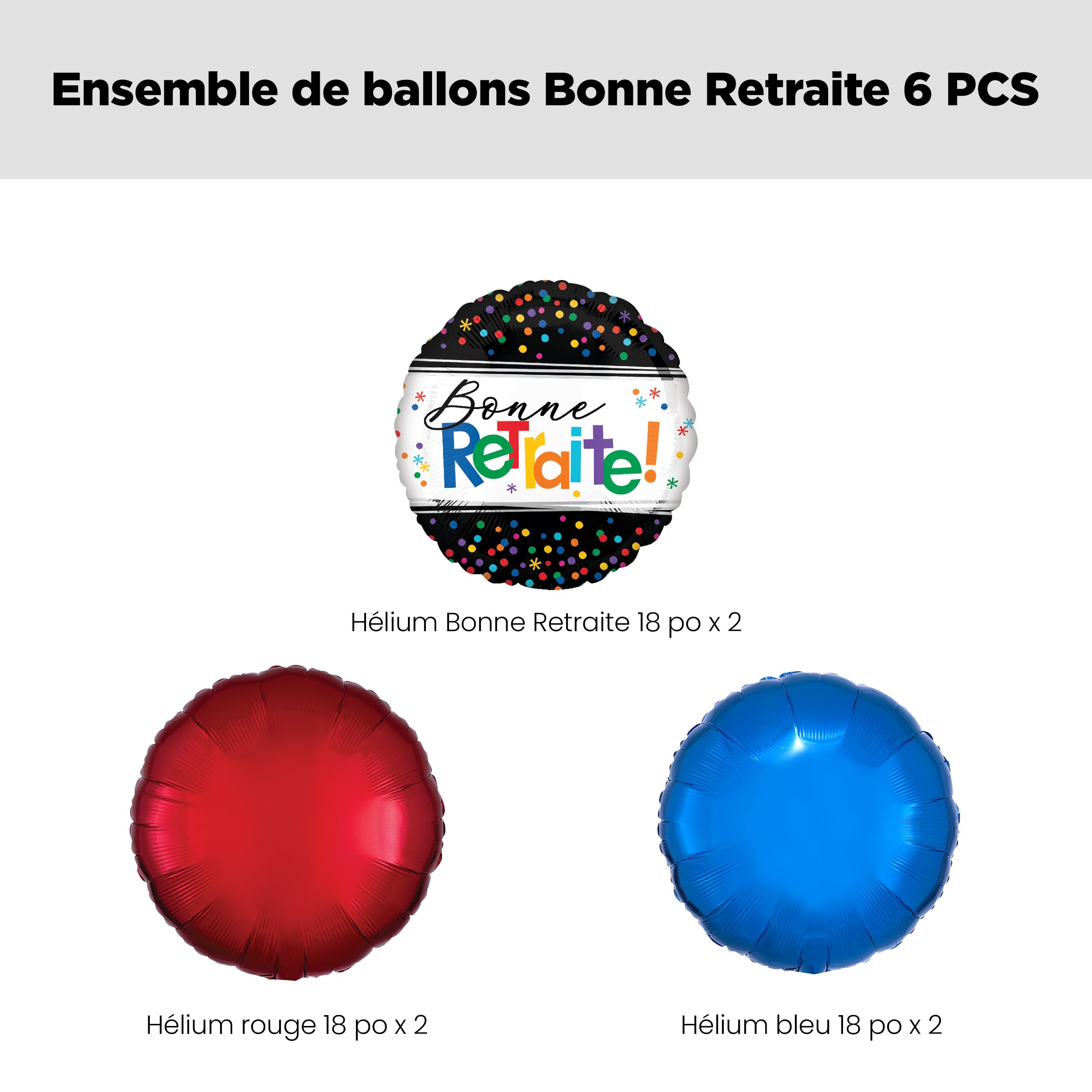 Bouquet de ballons métalliques satinés ronds Bonne retraite avec ballons métalliques, multicolore, paq. 6, gonflage à l’hélium et ruban inclus, pour départ à la retraite Front_Flat