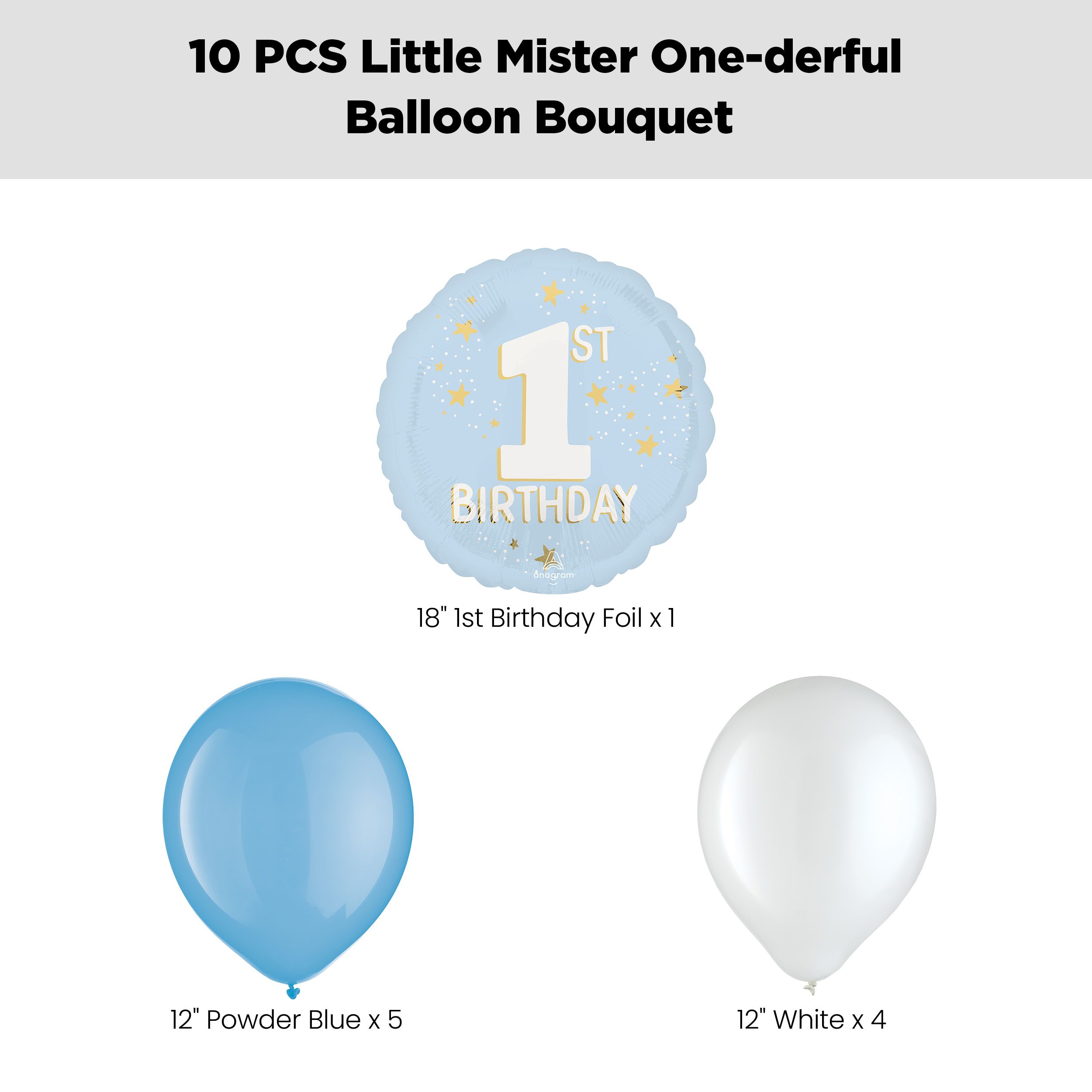 "1st Birthday" Little Mister One-derful Balloon Bouquet with Latex Balloons, Blue/White, 10-pk, Helium Inflation & Ribbon Included Front_Flat