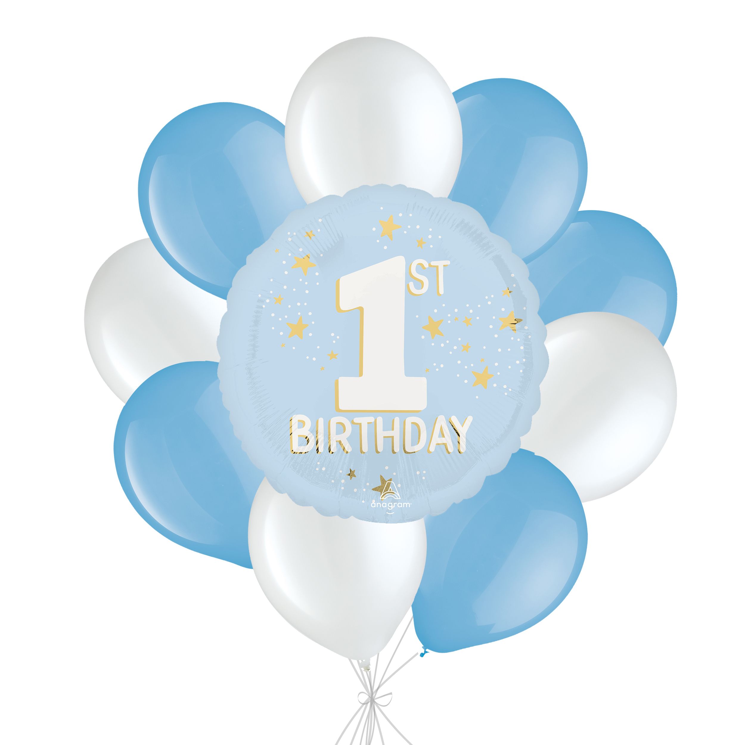 Bouquet de ballon Little Mister One-derful 1st Birthday avec ballons en latex bleus et blancs, 10 pièces, gonflement à l'hélium et ruban inclus Front_Flat