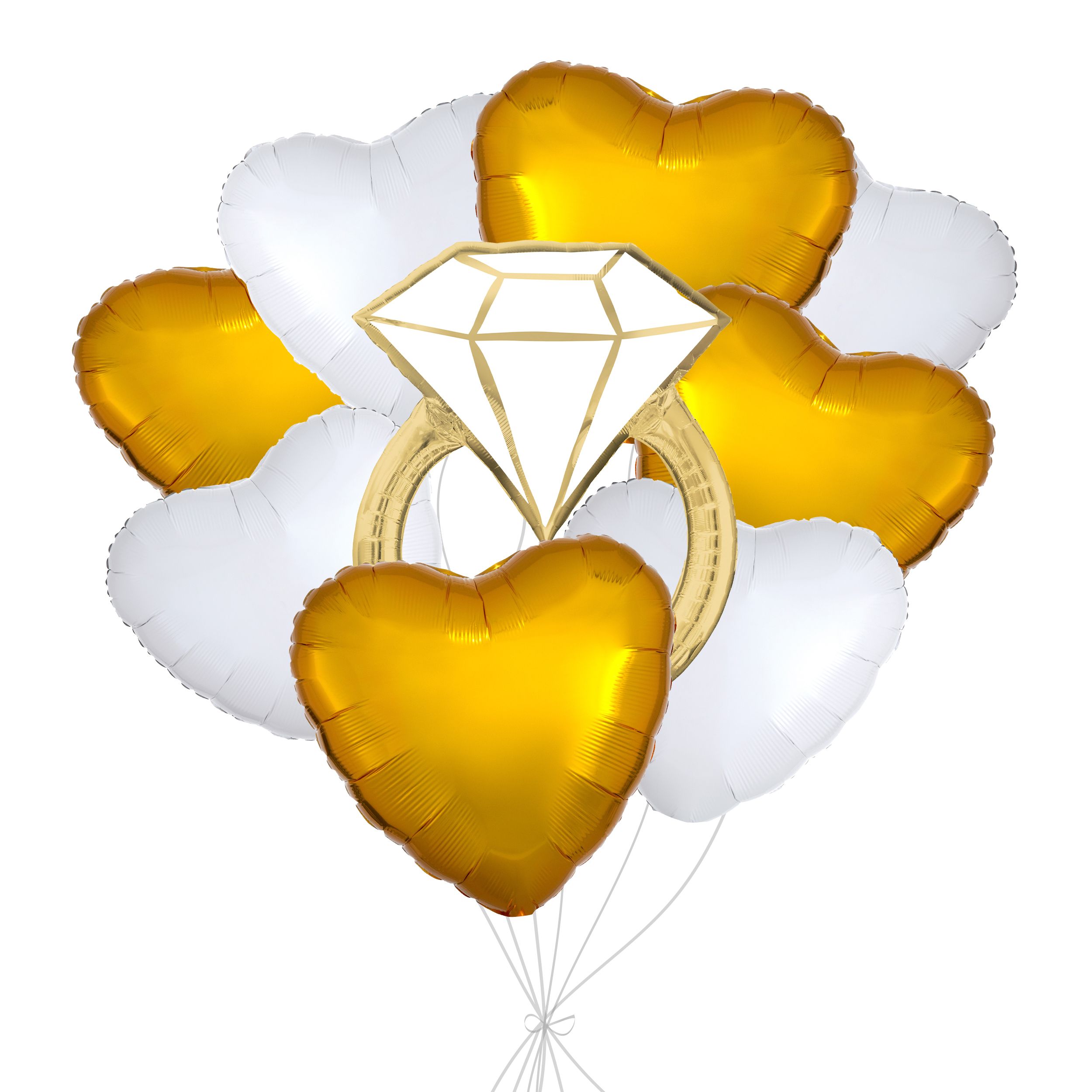 Wedding Ring Supershape Balloon Bouquet with Heart Foil Balloons, White/Gold, 9-pk, Helium Inflation & Ribbon Included Front_Flat