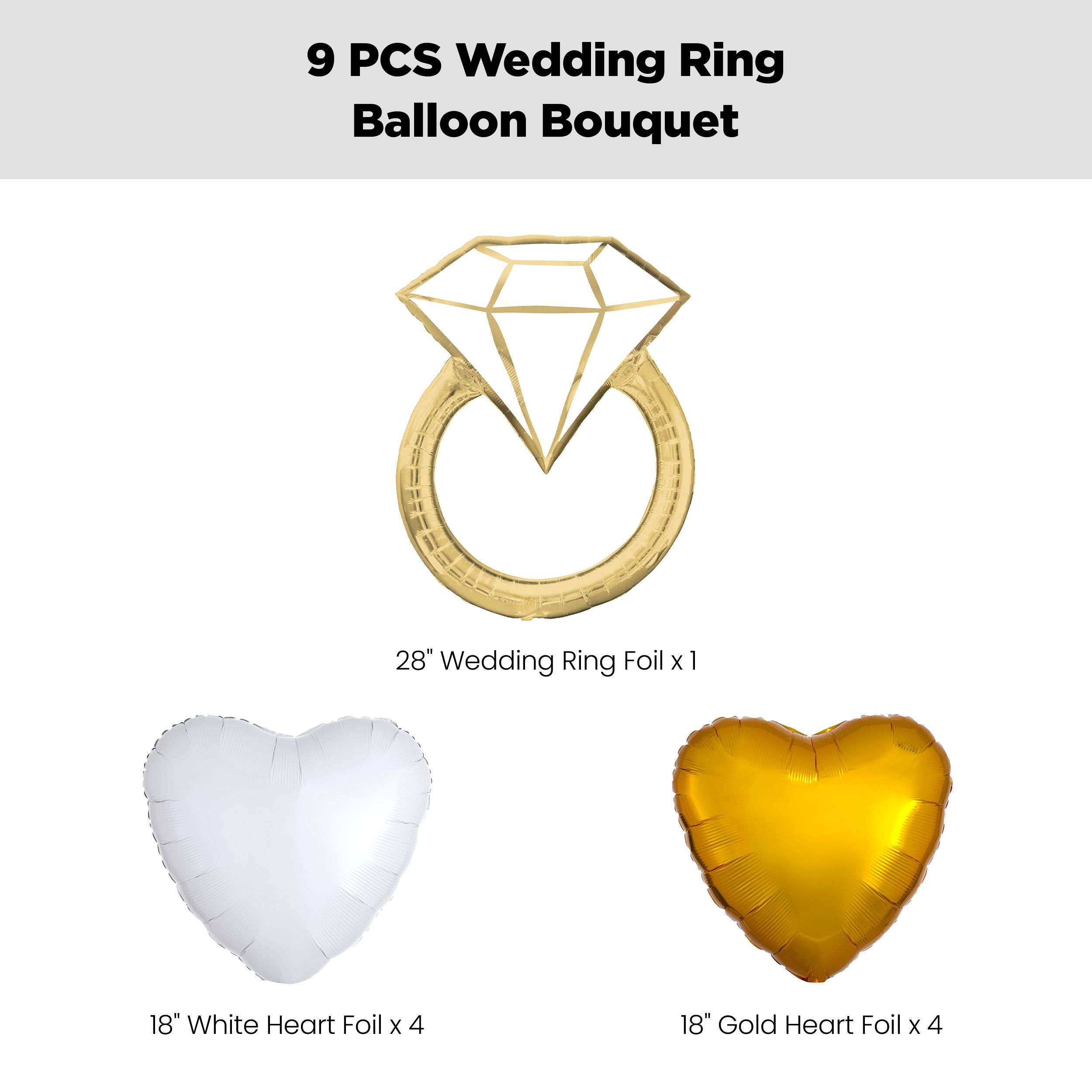 Wedding Ring Supershape Balloon Bouquet with Heart Foil Balloons, White/Gold, 9-pk, Helium Inflation & Ribbon Included Front_Flat
