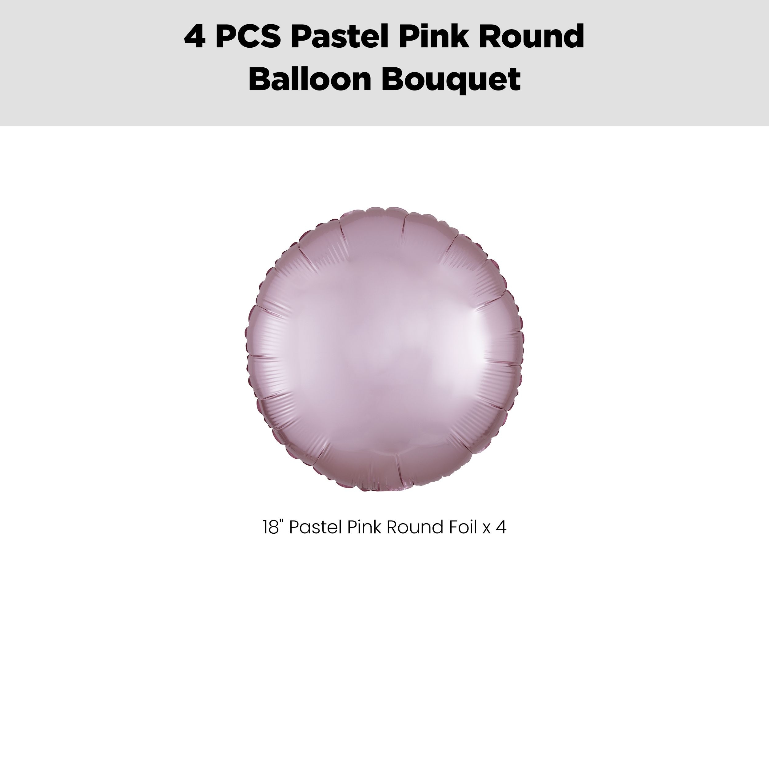 Round Foil Balloon Bouquet, Pastel Pink, 4-pk, Helium Inflation & Ribbon Included for Birthday/Special Occasion Front_Flat