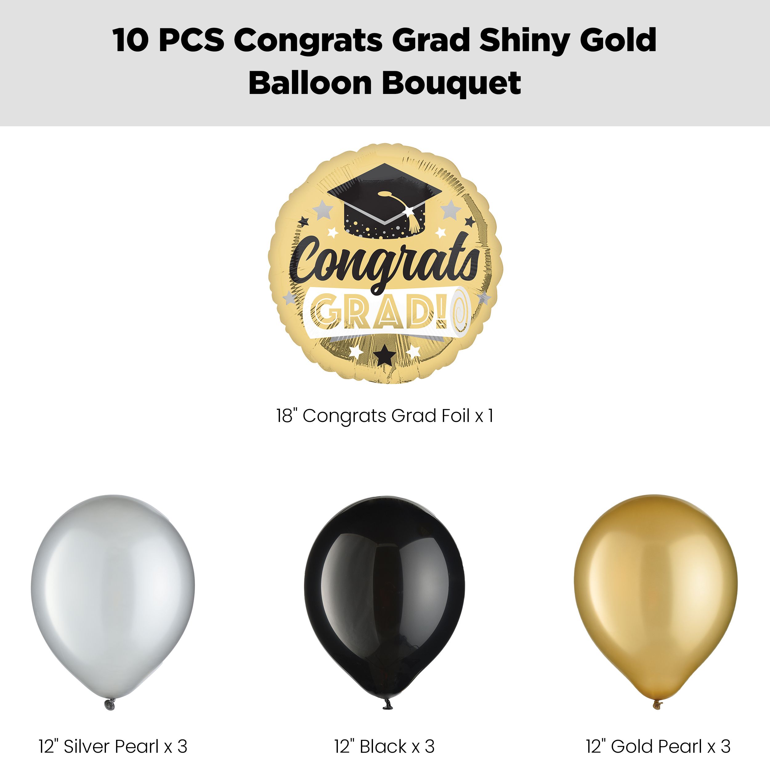 “Congrats Grad!” Shiny Balloon Bouquet with Latex Balloons, Black/Gold/Silver, 10-pk, Helium Inflation & Ribbon Included Front_Flat