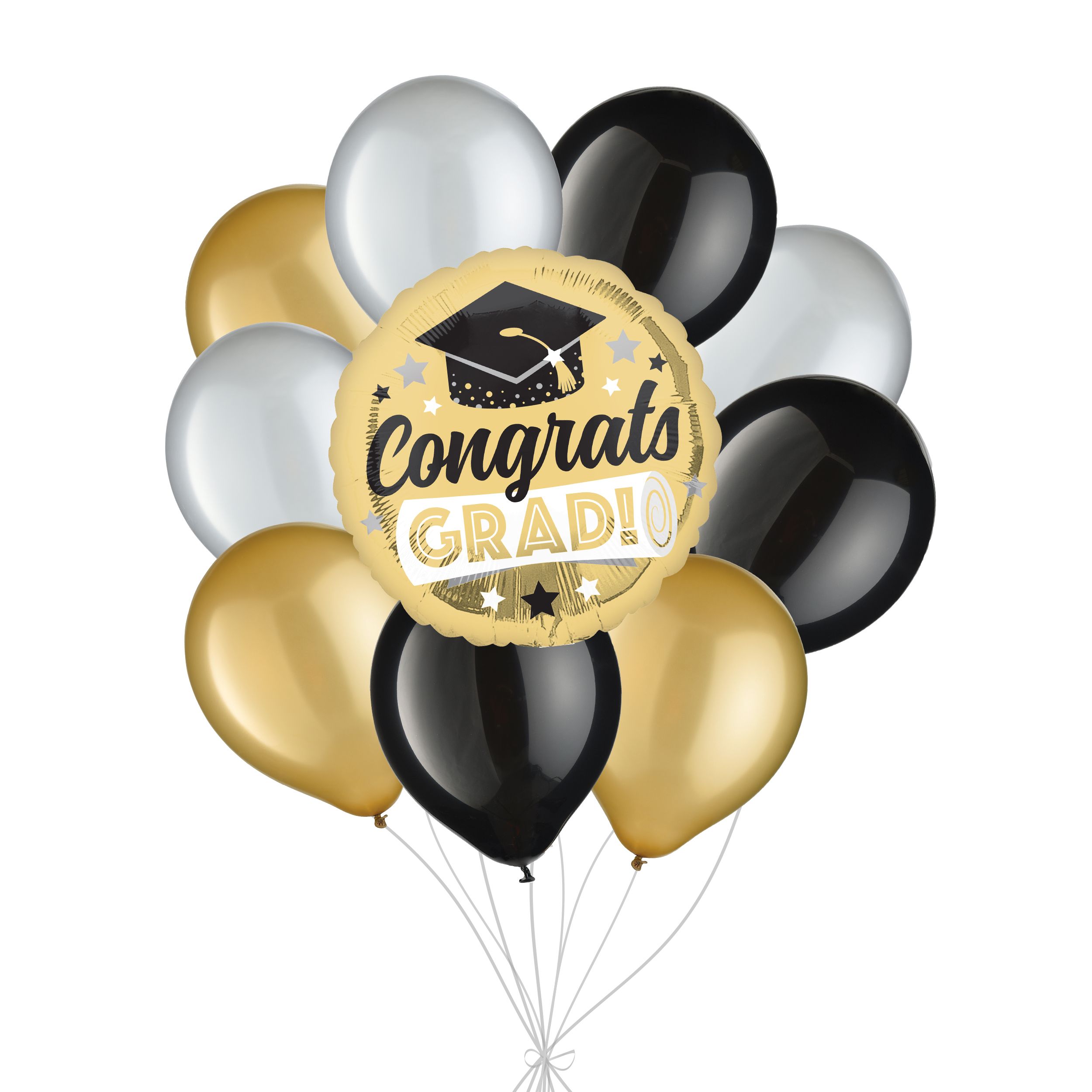 “Congrats Grad!” Shiny Balloon Bouquet with Latex Balloons, Black/Gold/Silver, 10-pk, Helium Inflation & Ribbon Included Front_Flat