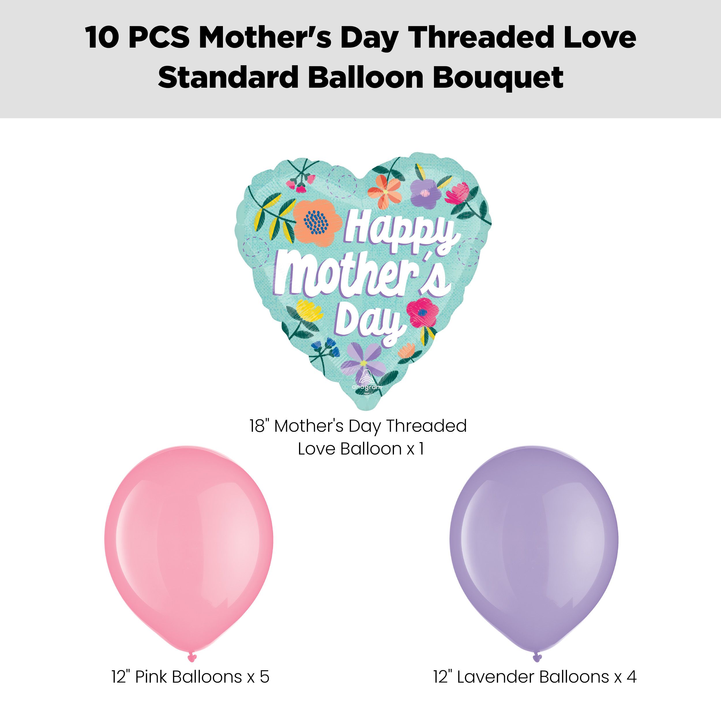 “Happy Mother’s Day” Threaded Love Balloon Bouquet with Latex Balloons, Pink/Lavender, 10-pk, Helium Inflation & Ribbon Included Front_Flat