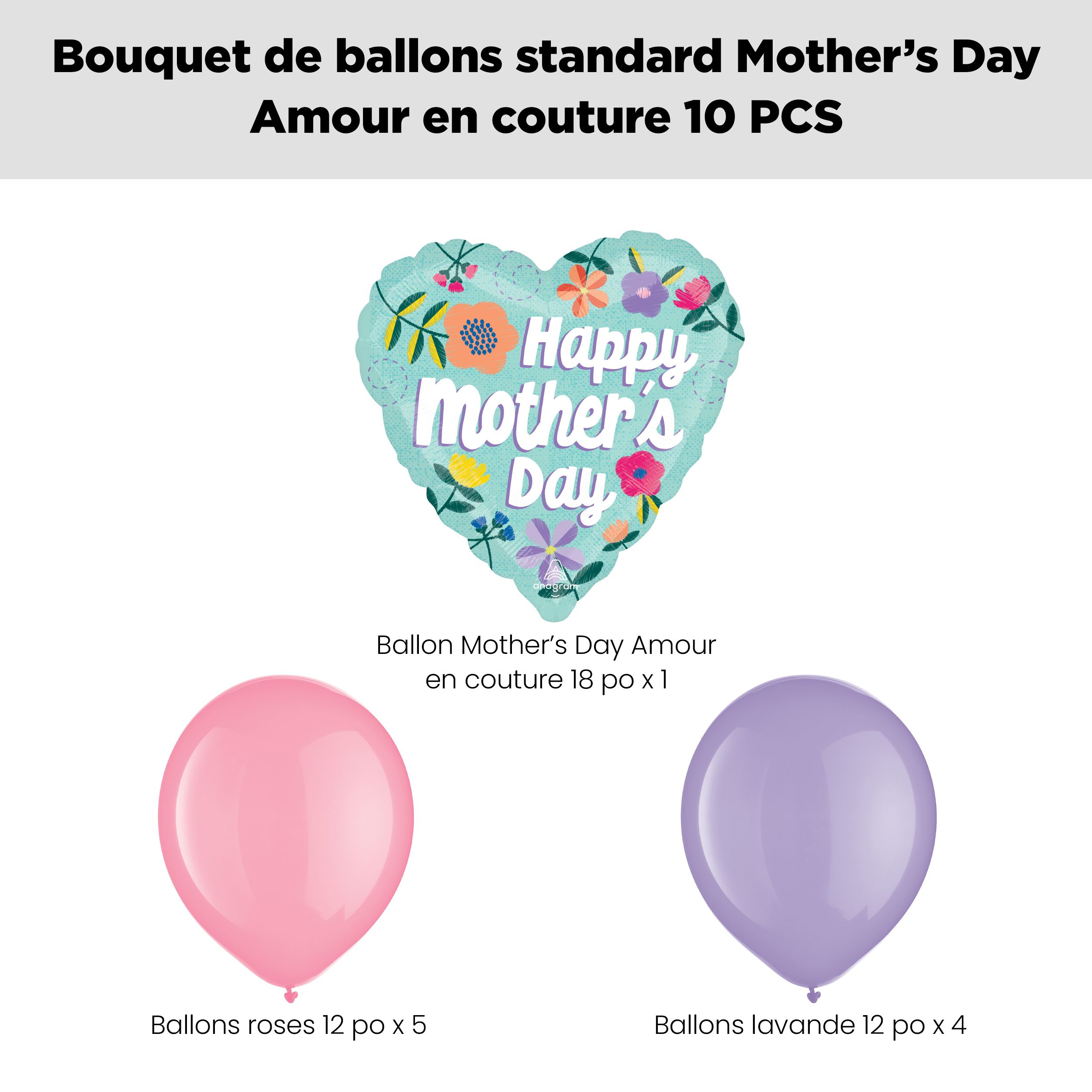 Bouquet de ballons Happy Mother’s Day avec ballons en latex Threaded Love, rose/lavande, paq. 10, gonflage à l’hélium et ruban compris Front_Flat