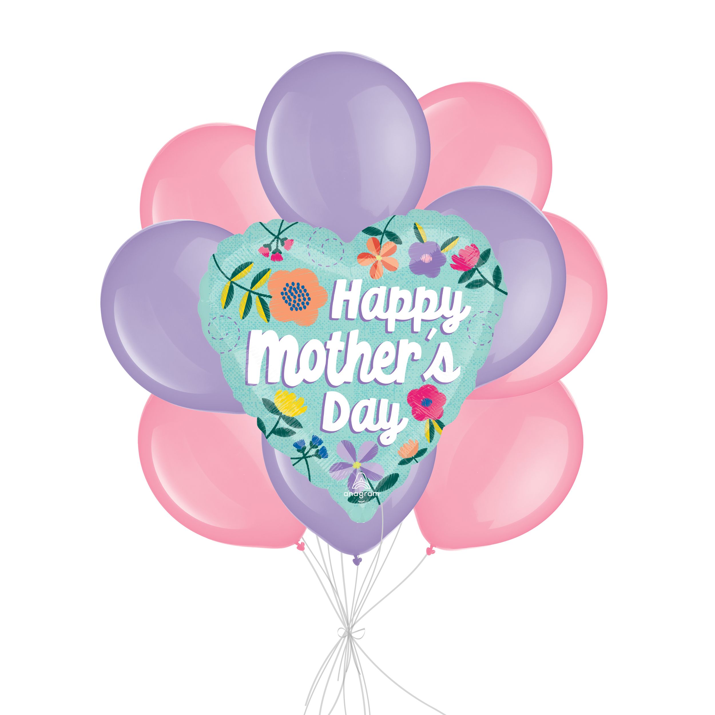 Bouquet de ballons Happy Mother’s Day avec ballons en latex Threaded Love, rose/lavande, paq. 10, gonflage à l’hélium et ruban compris Front_Flat