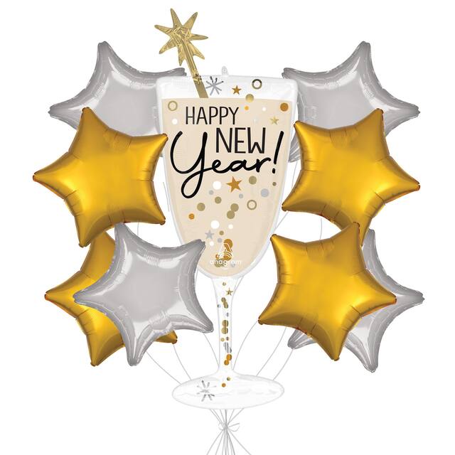 "Happy New Year" Champagne Glass Satin Foil Supershape Balloon Bouquet with Star Foil Balloons, Gold/Silver, 9-pk, Helium Inflation & Ribbon Included Front_Flat