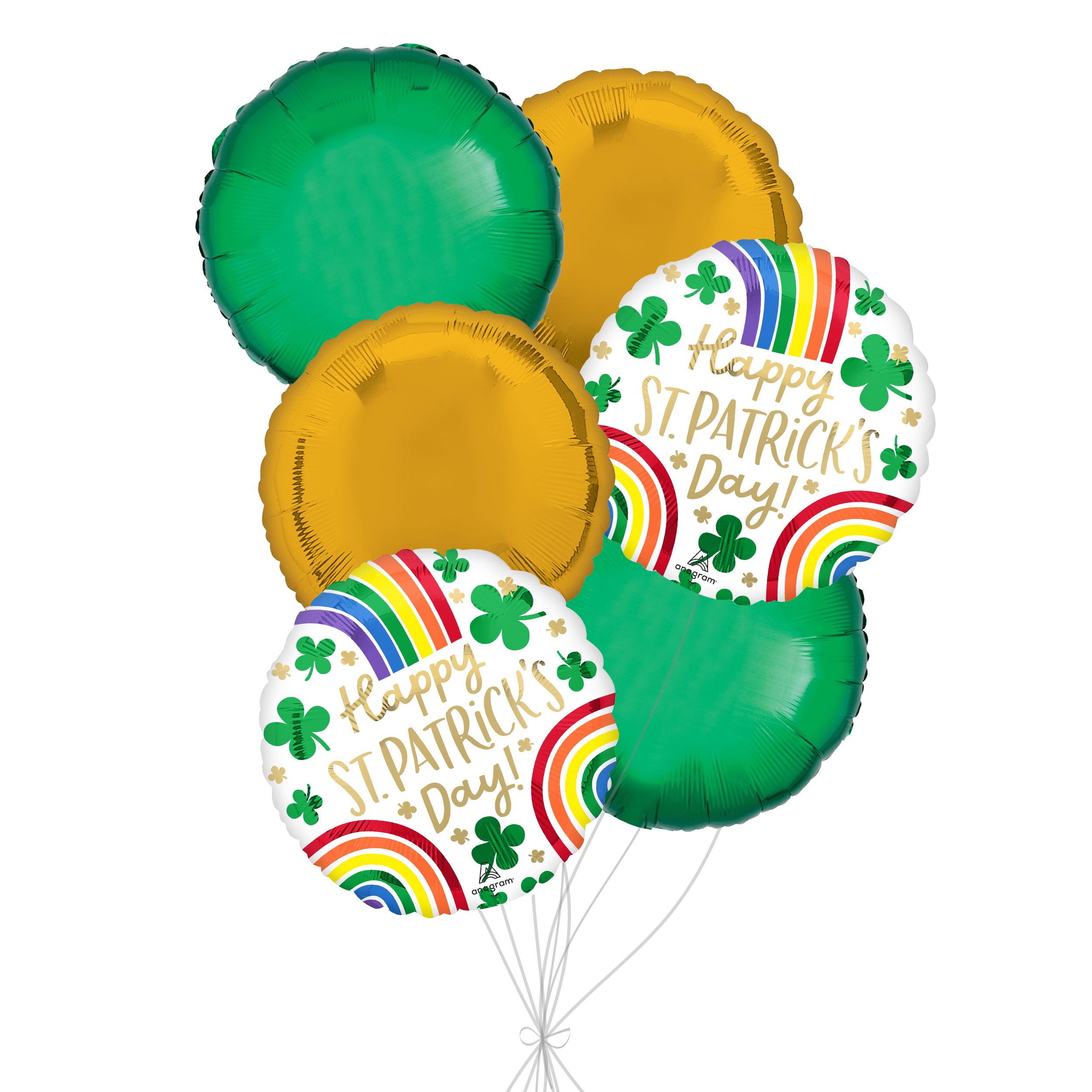 "Happy St. Patrick's Day!" Rainbows Balloon Bouquet with Round Foil Balloons, Green/Gold, 6-pk, Helium Inflation & Ribbon Included Front_Flat