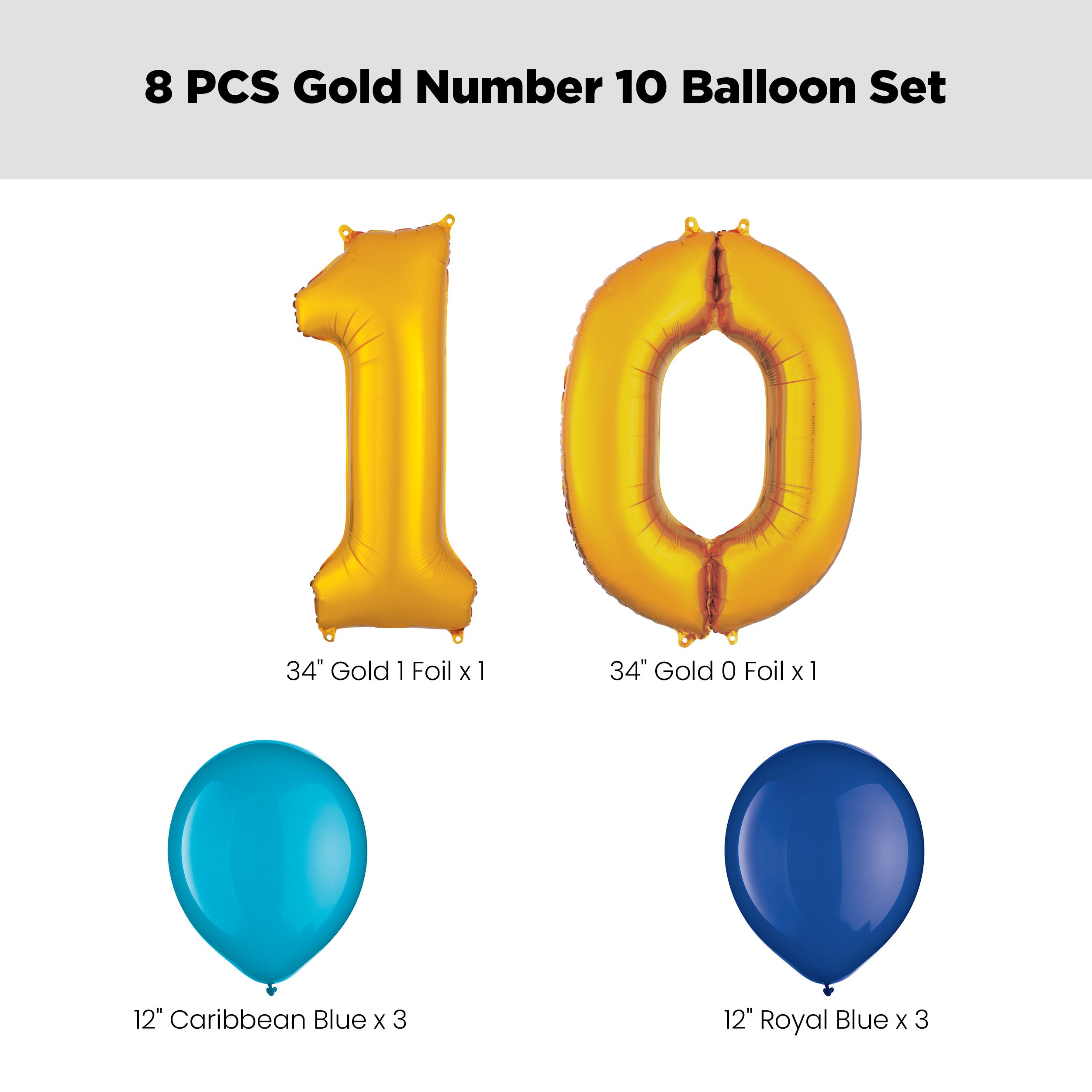 Number "10" Gold Balloon Bouquet with Latex Balloons, Caribbean Blue/Royal Blue, 8-pk, Helium Inflation & Ribbon Included for Birthday/Anniversary Front_Flat