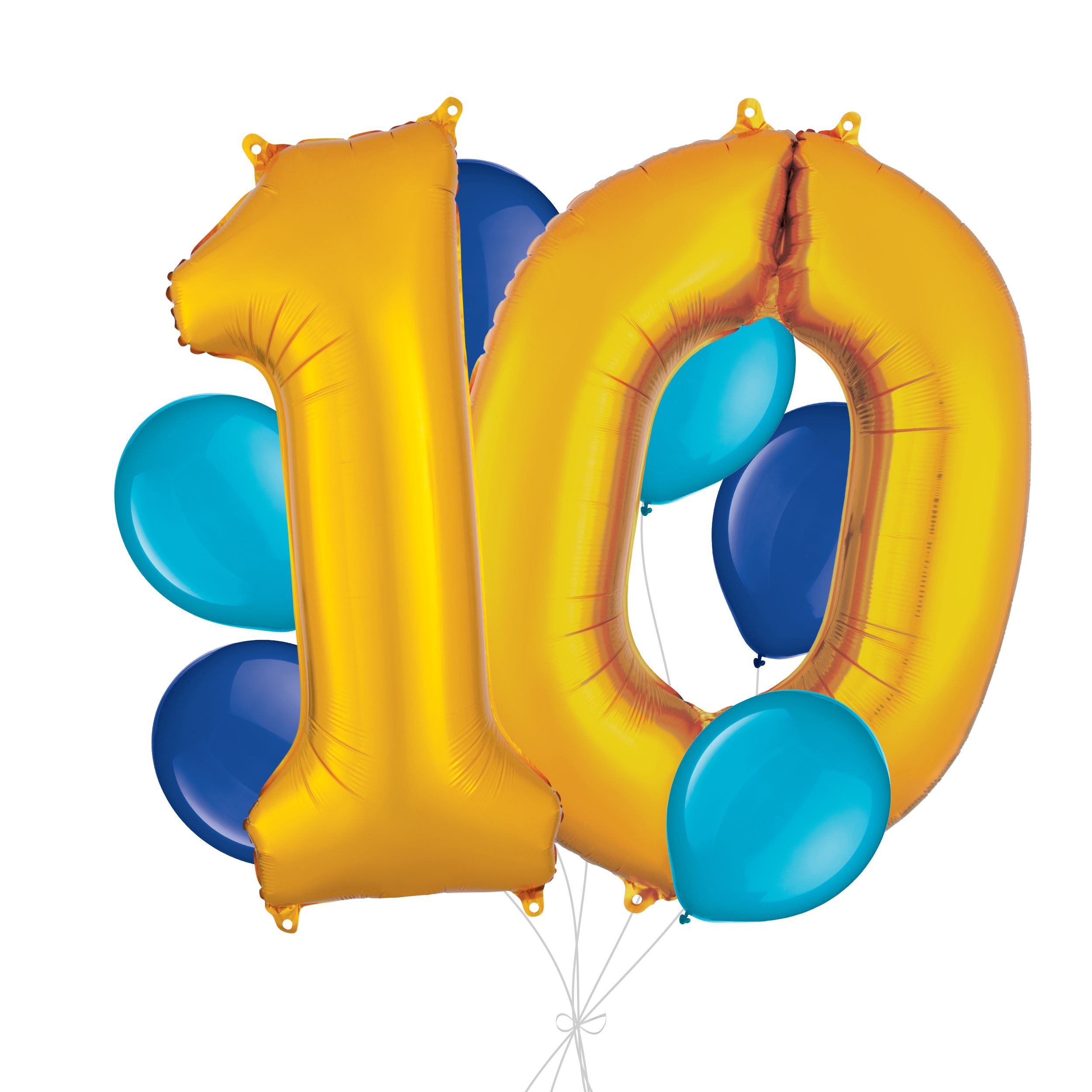 Number "10" Gold Balloon Bouquet with Latex Balloons, Caribbean Blue/Royal Blue, 8-pk, Helium Inflation & Ribbon Included for Birthday/Anniversary Front_Flat