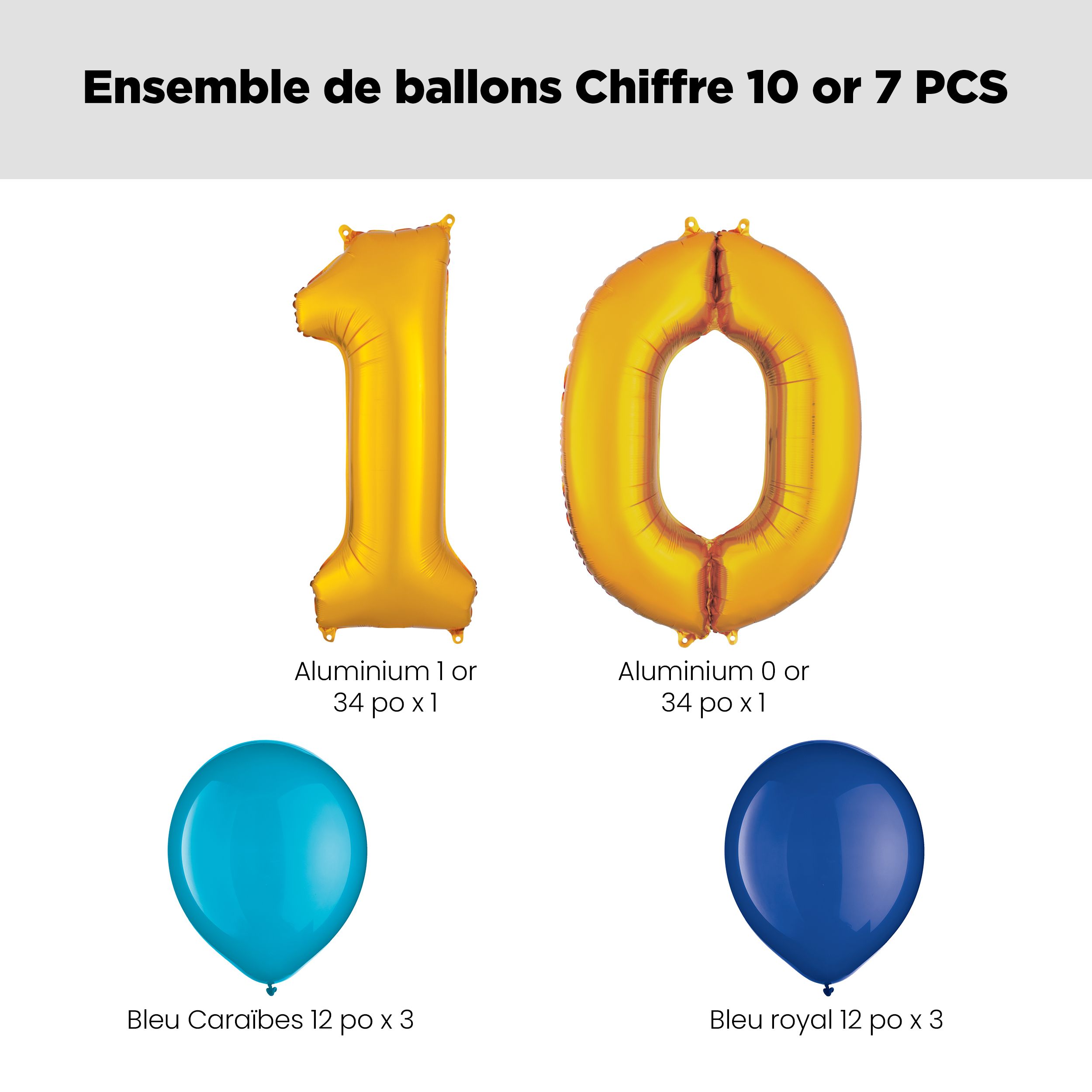 Bouquet de ballons, chiffre 10 doré avec ballons en latex, bleu Caraïbes et bleu royal, paq. 8, gonflage à l'hélium et ruban inclus pour anniversaire Front_Flat
