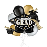 Bouquet de ballons Supershape Congrats Grad à pois avec ballons en latex, doré/argenté/noir, paq. 7, gonflage à l'hélium et ruban inclus