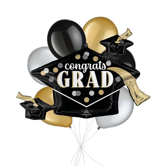 Bouquet de ballons Supershape Congrats Grad à pois avec ballons en latex, doré/argenté/noir, paq. 7, gonflage à l'hélium et ruban inclus Front_Flat