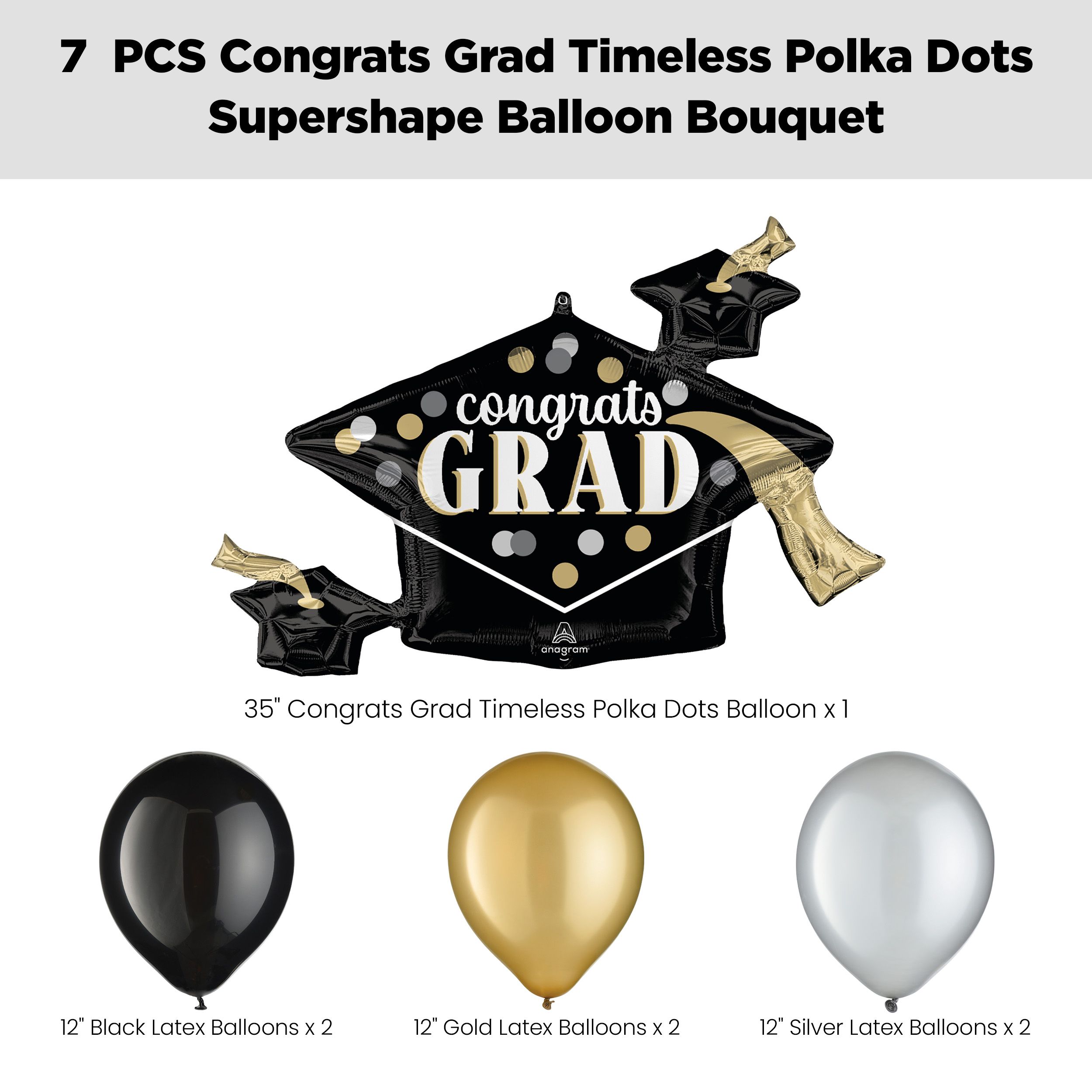 "Congrats Grad" Timeless Polka Dots Supershape Balloon Bouquet with Latex Balloons, Black/Gold/Silver, 7-pk, Helium Inflation & Ribbon Included Front_Flat