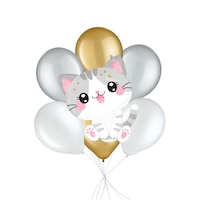 Kawaii Kitty Supershape Balloon Bouquet with Latex Balloons, White/Silver/Gold, 7-pk, Helium Inflation & Ribbon Included for Birthday/Special Occasion