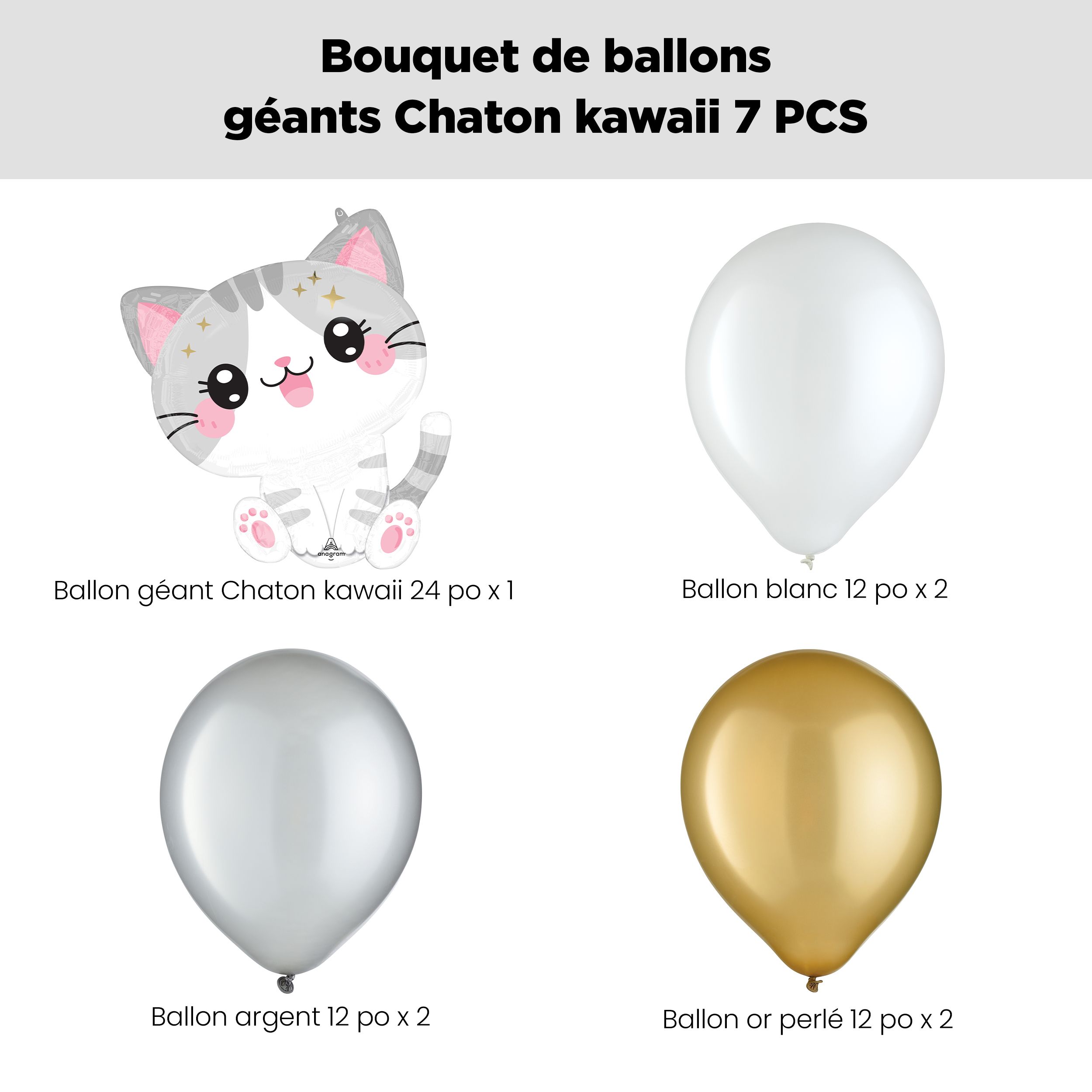 Bouquet de ballons avec ballon Supershape chaton Kawaii et ballons en latex, blanc, argent et or, paq. 7, gonflage à l’hélium et ruban compris, pour anniversaire/occasion spéciale Front_Flat