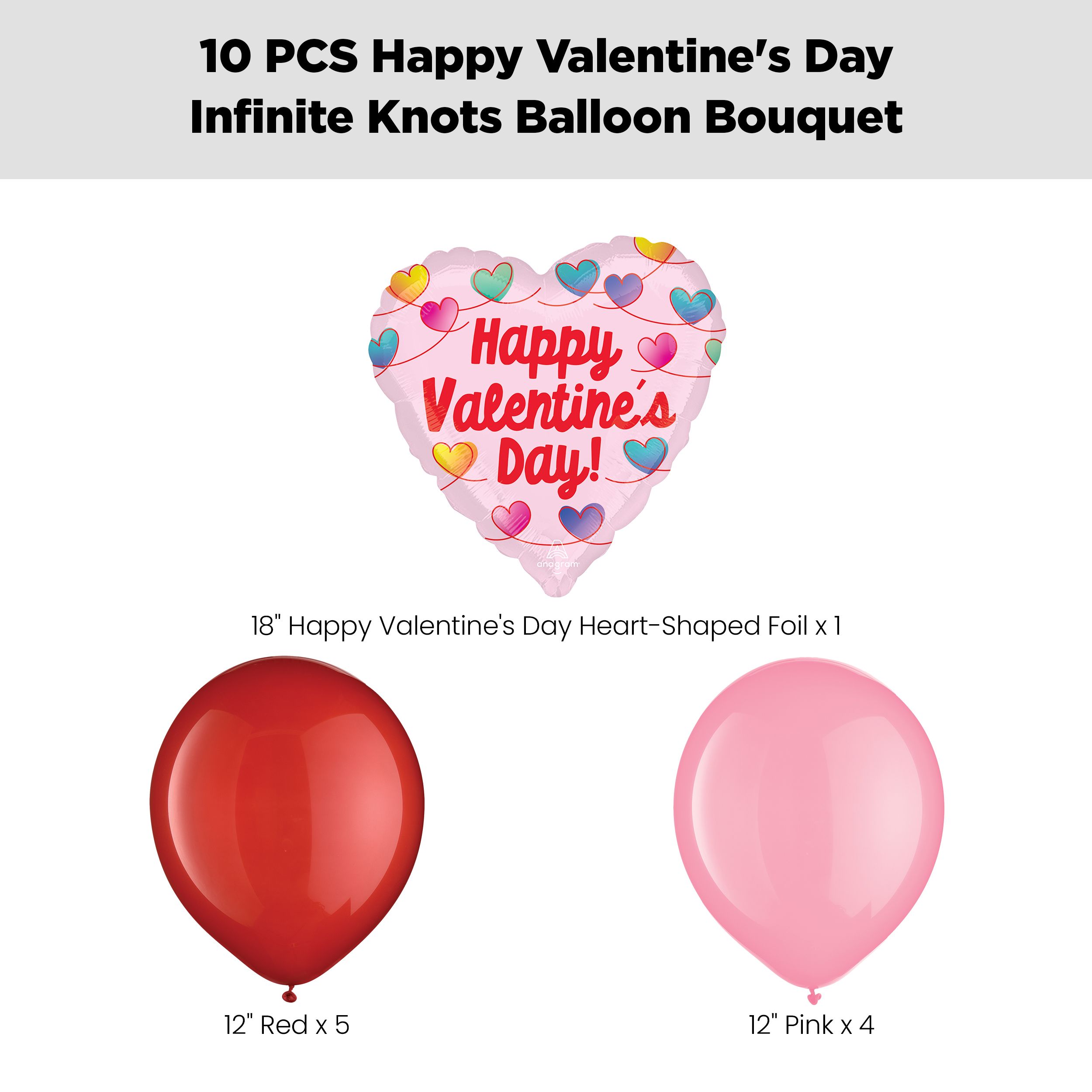 "Happy Valentine's Day!" Infinite Knots Balloon Bouquet with Latex Balloons, Red/Pink, 10-pk, Helium Inflation & Ribbon Included Front_Flat