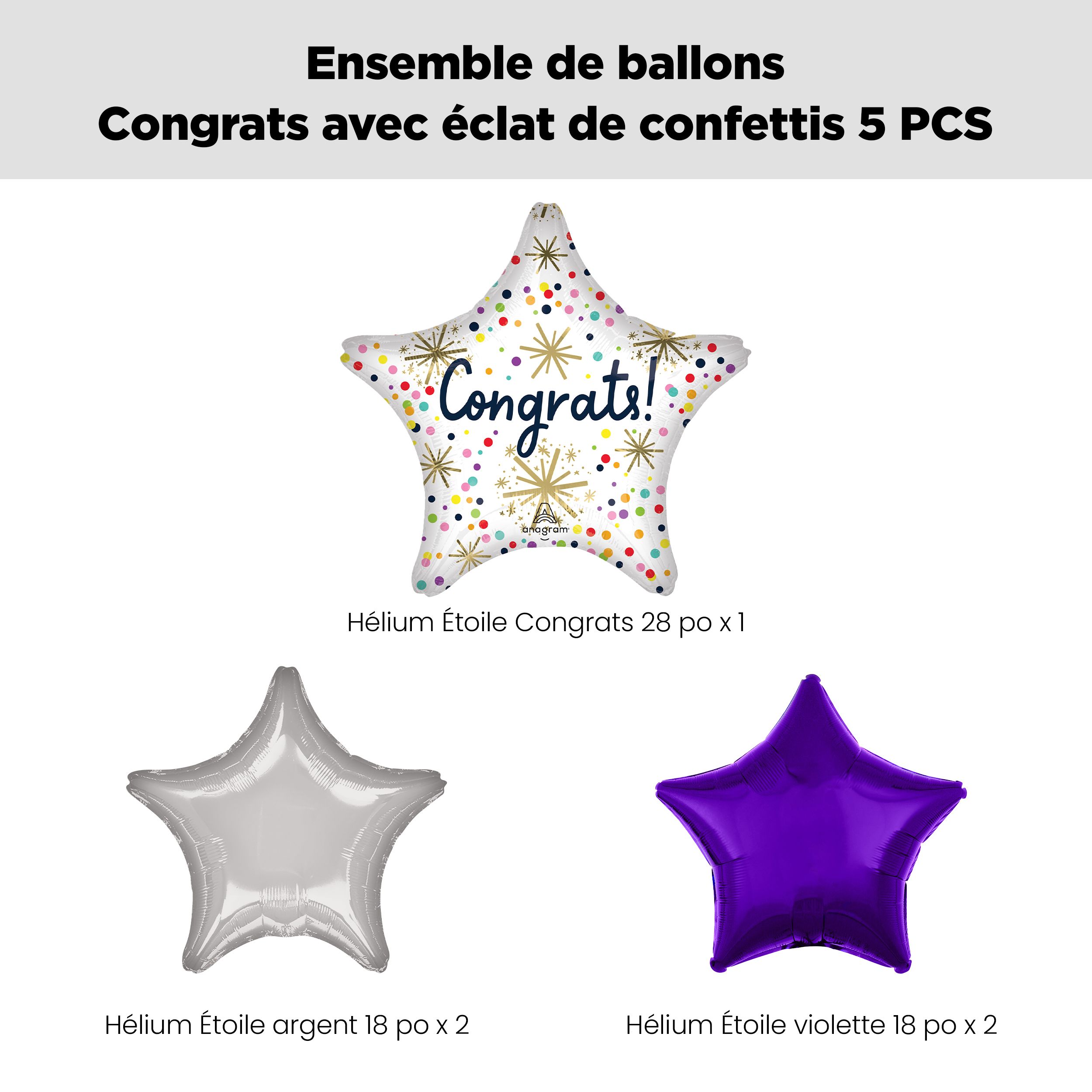 Bouquet de ballons métalliques satinés étoilés et paillettes Congrats avec ballons métalliques étoilés, multicolore, paquet de 5, gonflage à l’hélium et ruban inclus Front_Flat