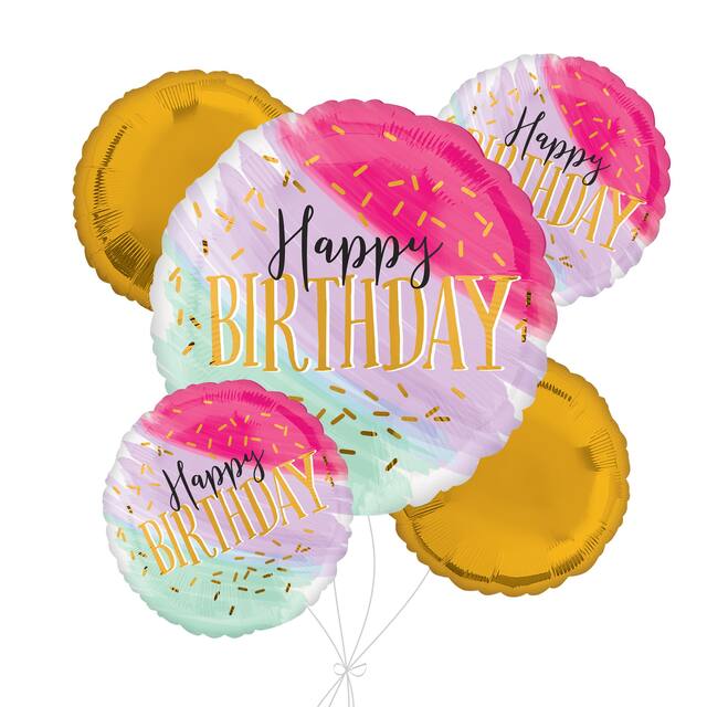 Bouquet de ballon géant aquarelle Happy Birthday avec ballons en aluminium ronds dorés et aquarelle, 5 pièces, gonflage à l'hélium et ruban inclus Front_Flat