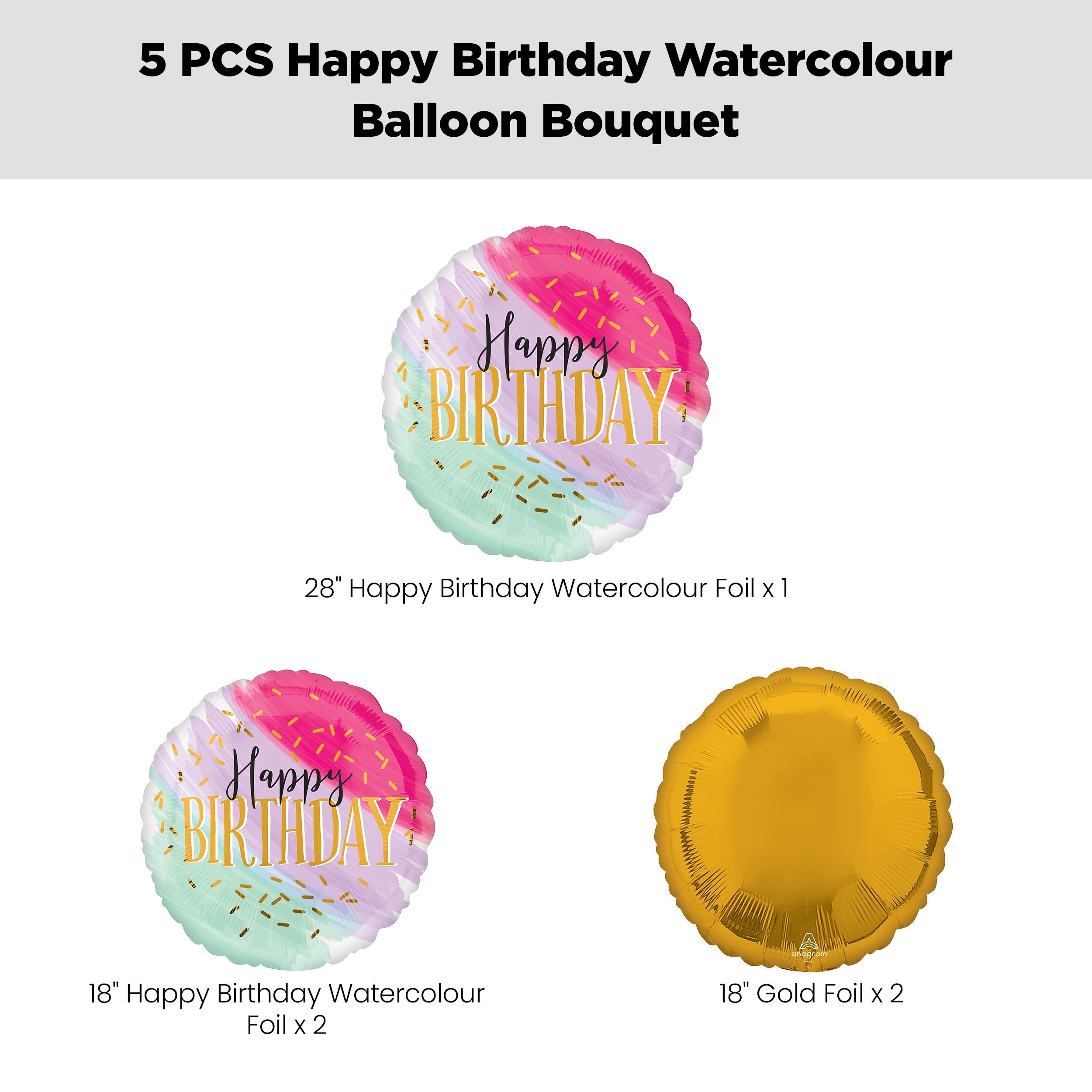 “Happy Birthday” Watercolour Jumbo Balloon Bouquet with Round Foil Balloons, Gold/Watercolour, 5-pk, Helium Inflation & Ribbon Included Front_Flat