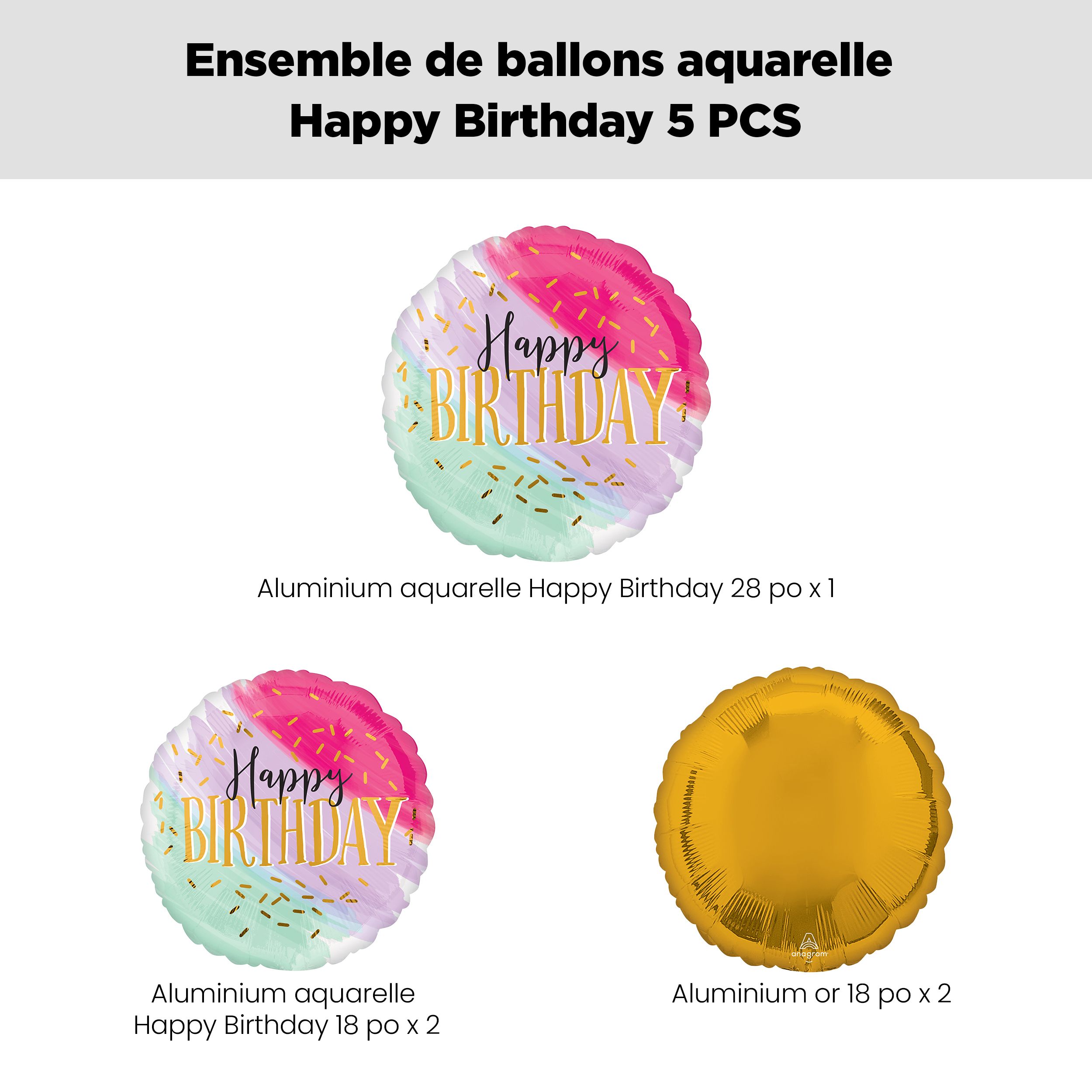 Bouquet de ballon géant aquarelle Happy Birthday avec ballons en aluminium ronds dorés et aquarelle, 5 pièces, gonflage à l'hélium et ruban inclus Front_Flat