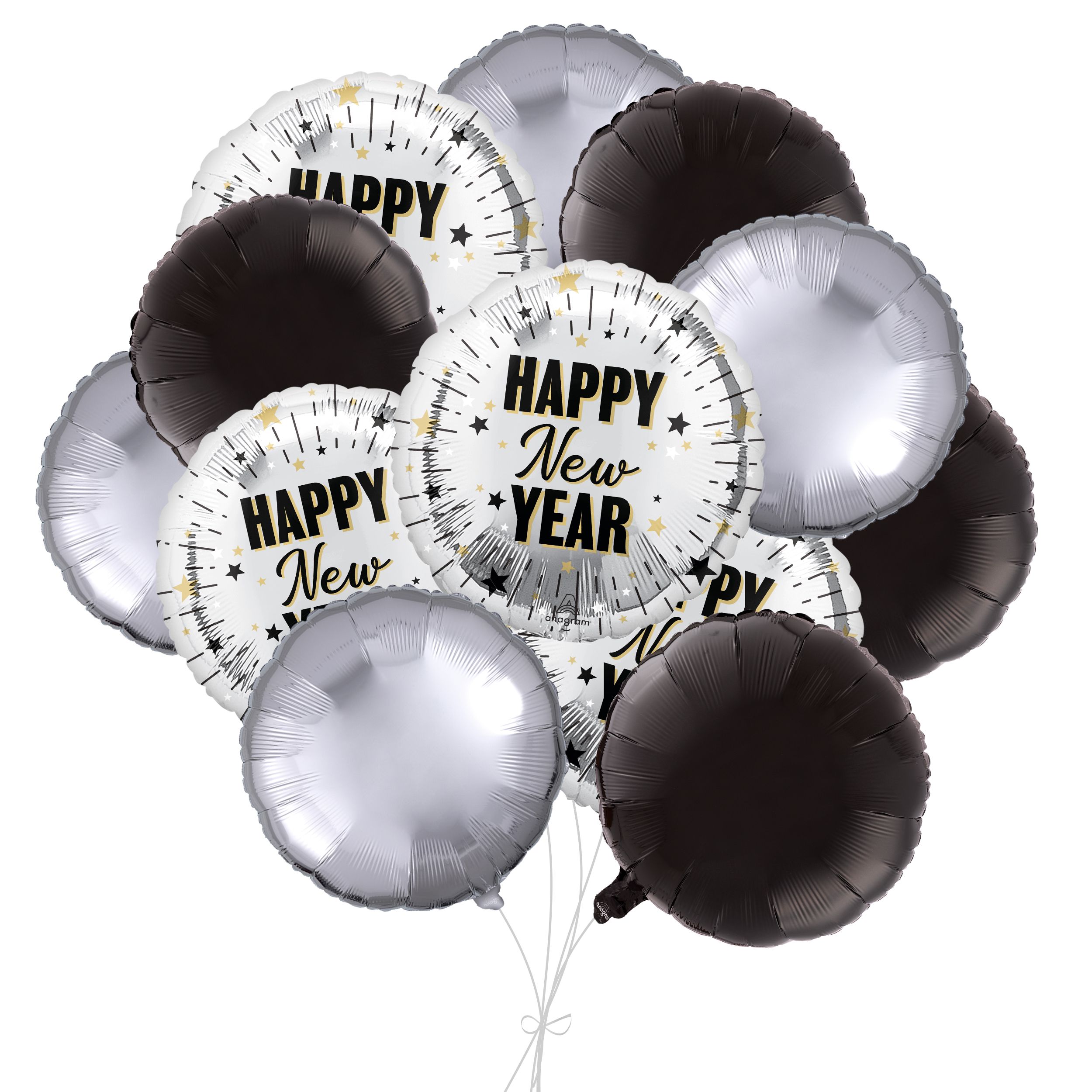 "Happy New Year" Round Satin Foil Balloon Bouquet with Foil Balloons, Black/Silver, 12-pk, Helium Inflation & Ribbon Included for New Year's Eve Front_Elevated