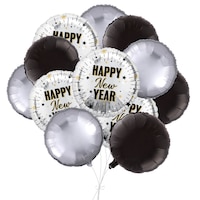 "Happy New Year" Round Satin Foil Balloon Bouquet with Foil Balloons, Black/Silver, 12-pk, Helium Inflation & Ribbon Included for New Year's Eve