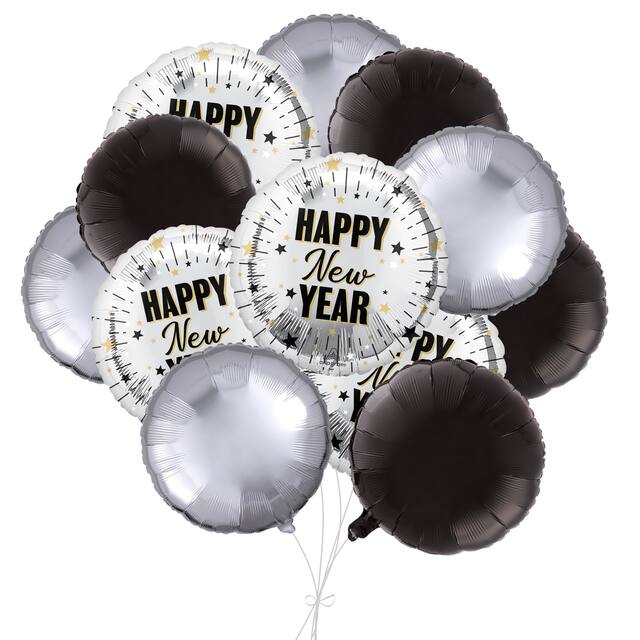 Bouquet de ballons ronds métalliques satinés Happy New Year avec ballons à effet métallique, noir/argenté, paq. 12, gonflage à l’hélium et ruban inclus, pour veille du jour de l’An Front_Elevated