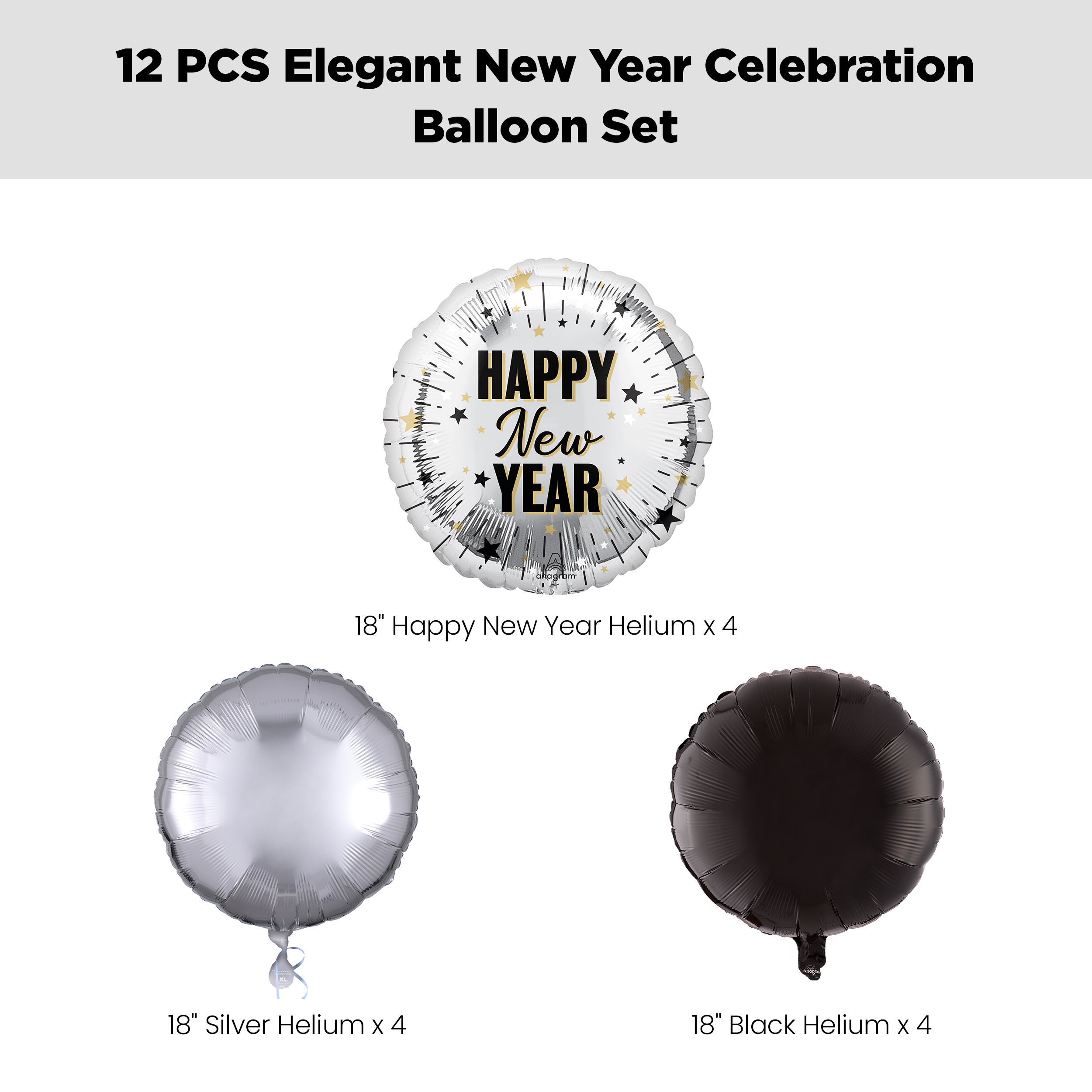 "Happy New Year" Round Satin Foil Balloon Bouquet with Foil Balloons, Black/Silver, 12-pk, Helium Inflation & Ribbon Included for New Year's Eve Front_Flat