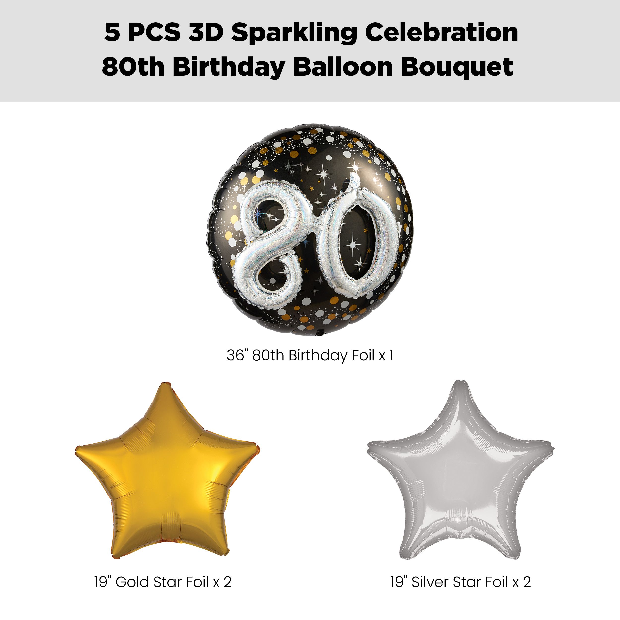 "80" 3D Sparkling Birthday Jumbo Balloon Bouquet with Star Foil Balloons, Gold/Silver, 5-pk, Helium Inflation & Ribbon Included Front_Flat