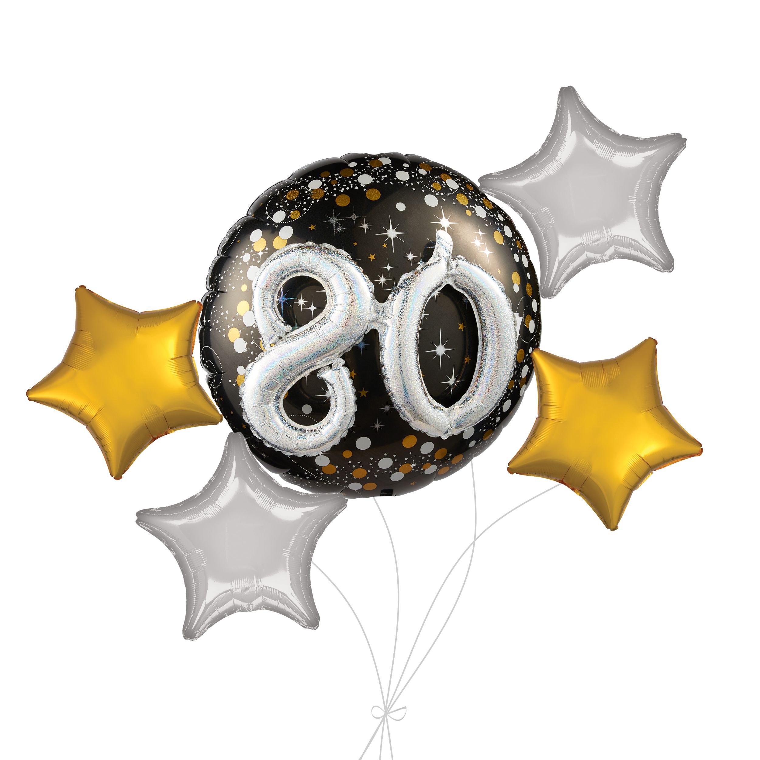 "80" 3D Sparkling Birthday Jumbo Balloon Bouquet with Star Foil Balloons, Gold/Silver, 5-pk, Helium Inflation & Ribbon Included Front_Flat