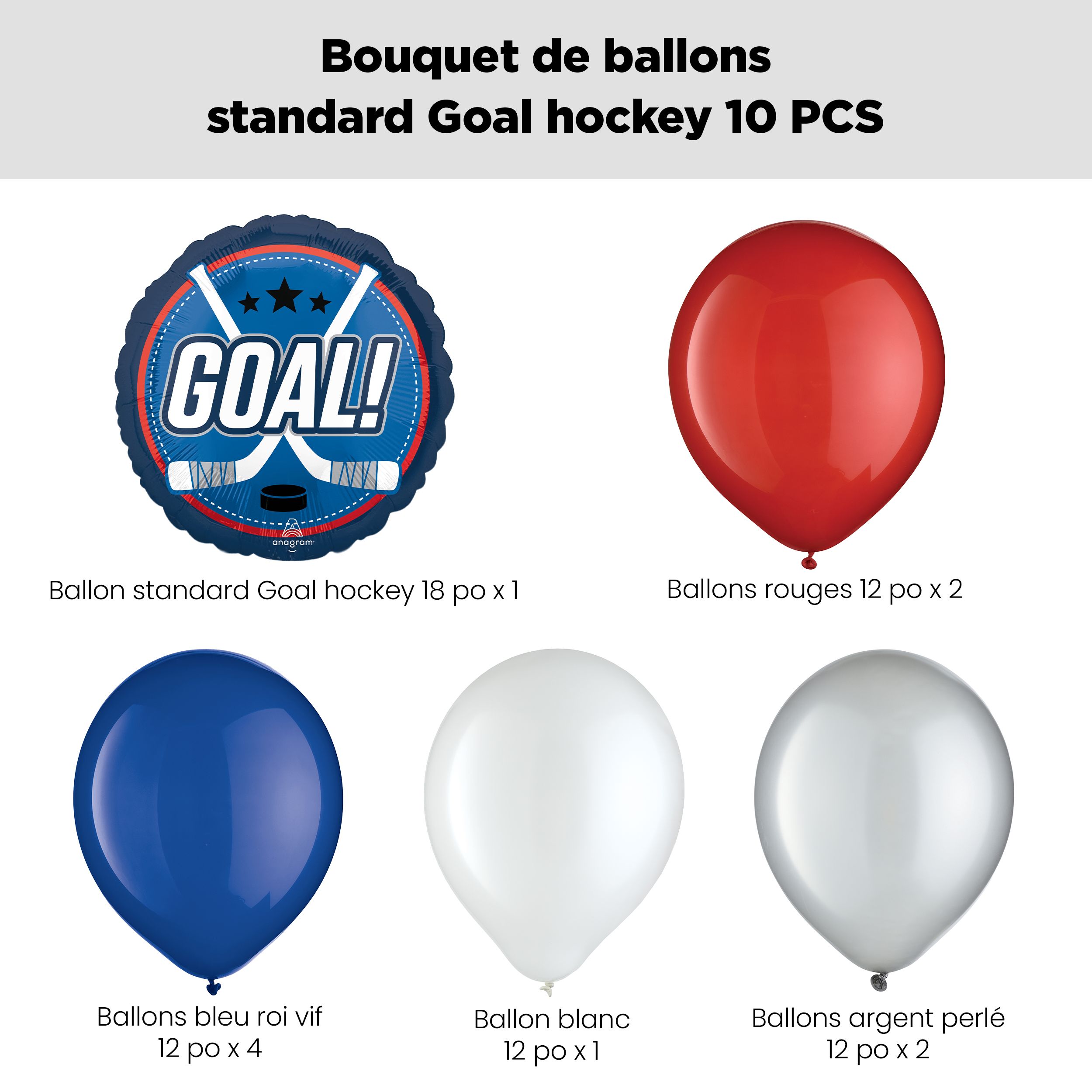 Bouquet de ballons avec ballon standard de bâtons de hockey « GOAL! » et ballons en latex, rouge, blanc, argent et bleu royal, paq. 10, gonflage à l’hélium et ruban compris Front_Flat