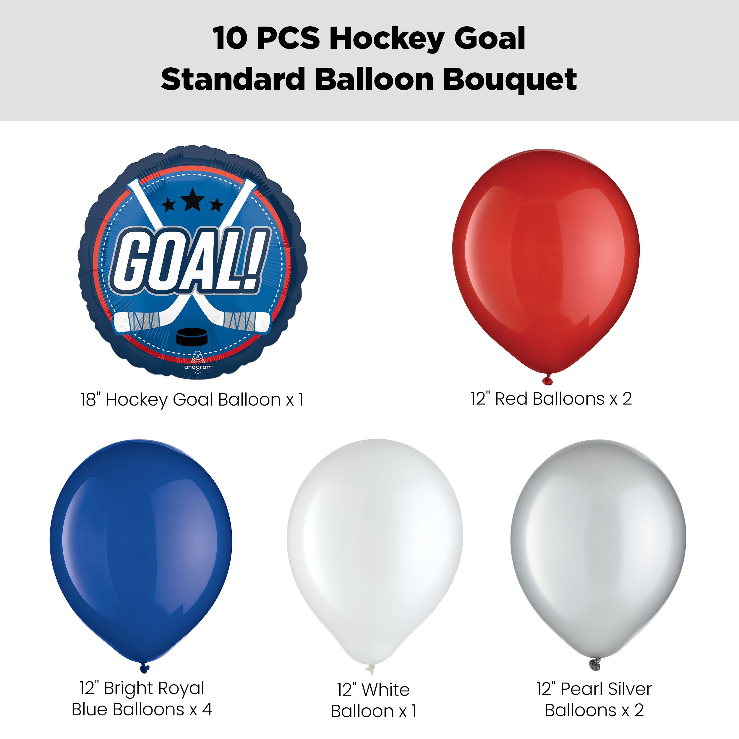 "Goal!" Hockey Sticks Balloon Bouquet with Latex Balloons, Red/White/Silver/Royal Blue, 10-pk, Helium Inflation & Ribbon Included Front_Flat