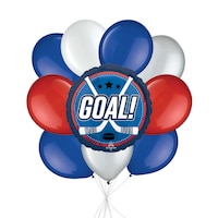 "Goal!" Hockey Sticks Balloon Bouquet with Latex Balloons, Red/White/Silver/Royal Blue, 10-pk, Helium Inflation & Ribbon Included
