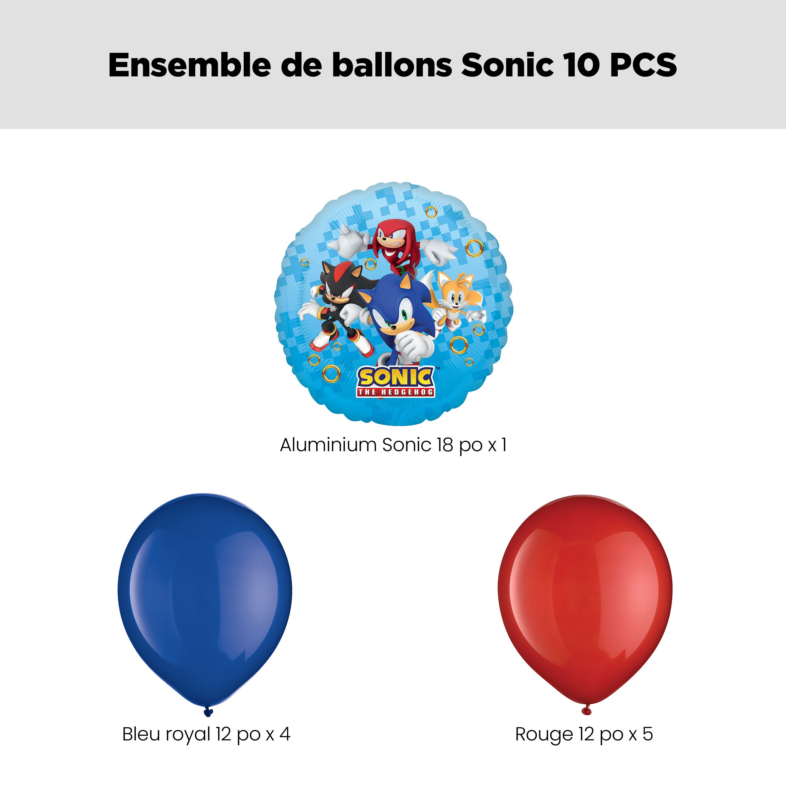 Bouquet de ballon Sonic le hérisson avec ballons en latex bleu royal et rouges, 10 pièces, gonflage à l'hélium et ruban inclus, pour fête d’anniversaire d’enfant Front_Flat