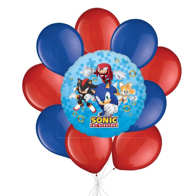 "Sonic the Hedgehog" Balloon Bouquet with Latex Balloons, Royal Blue/Red, 10-pk, Helium Inflation & Ribbon Included for Kids’ Birthday Front_Flat